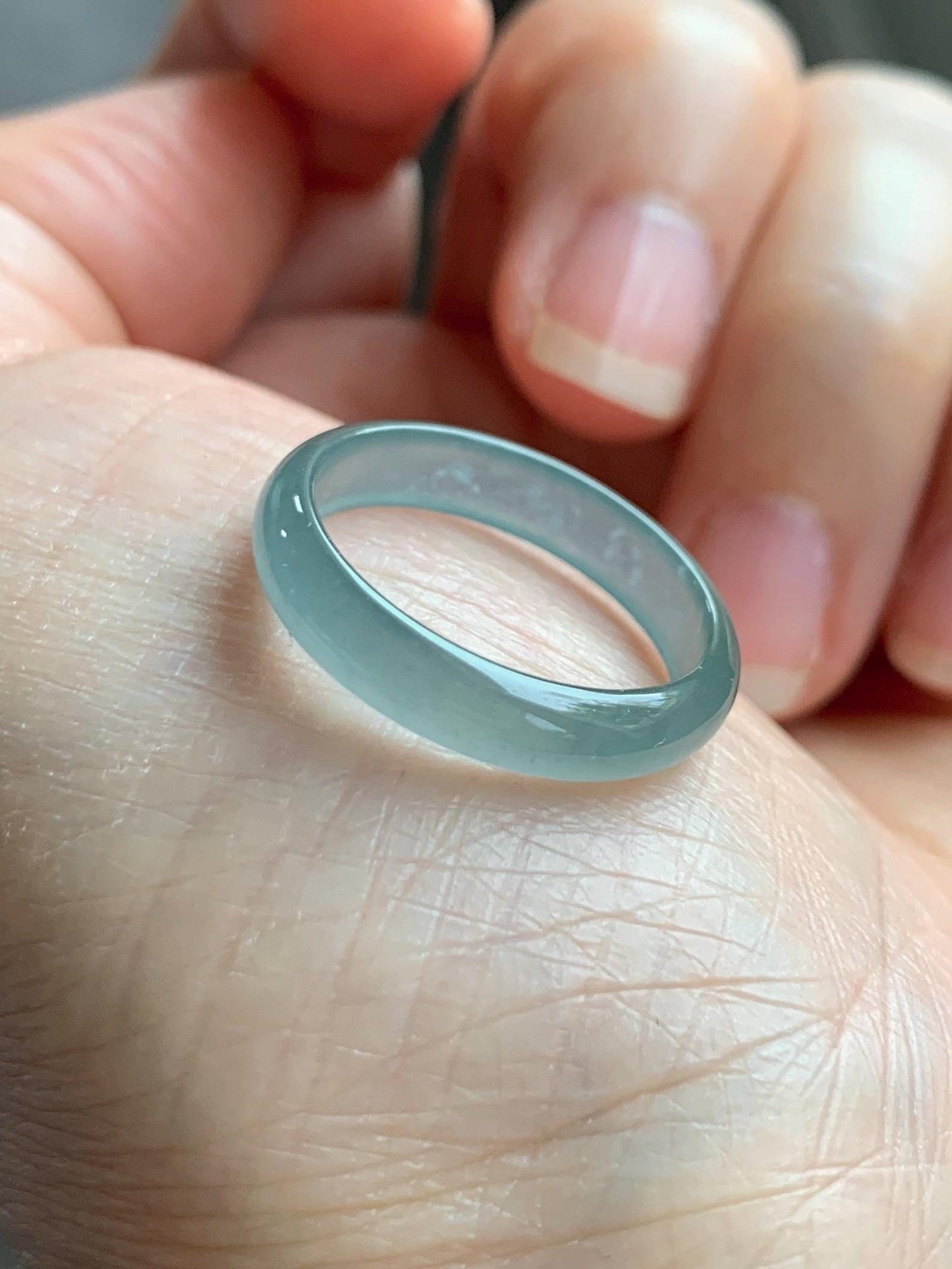 Natural Grade A Guatemalan Icy Highly Translucent Light Teal Jade Jadeite Band Ring Size 7.75 US 天然冰胶危浅蓝绿起光翡翠戒圈 WLL55E