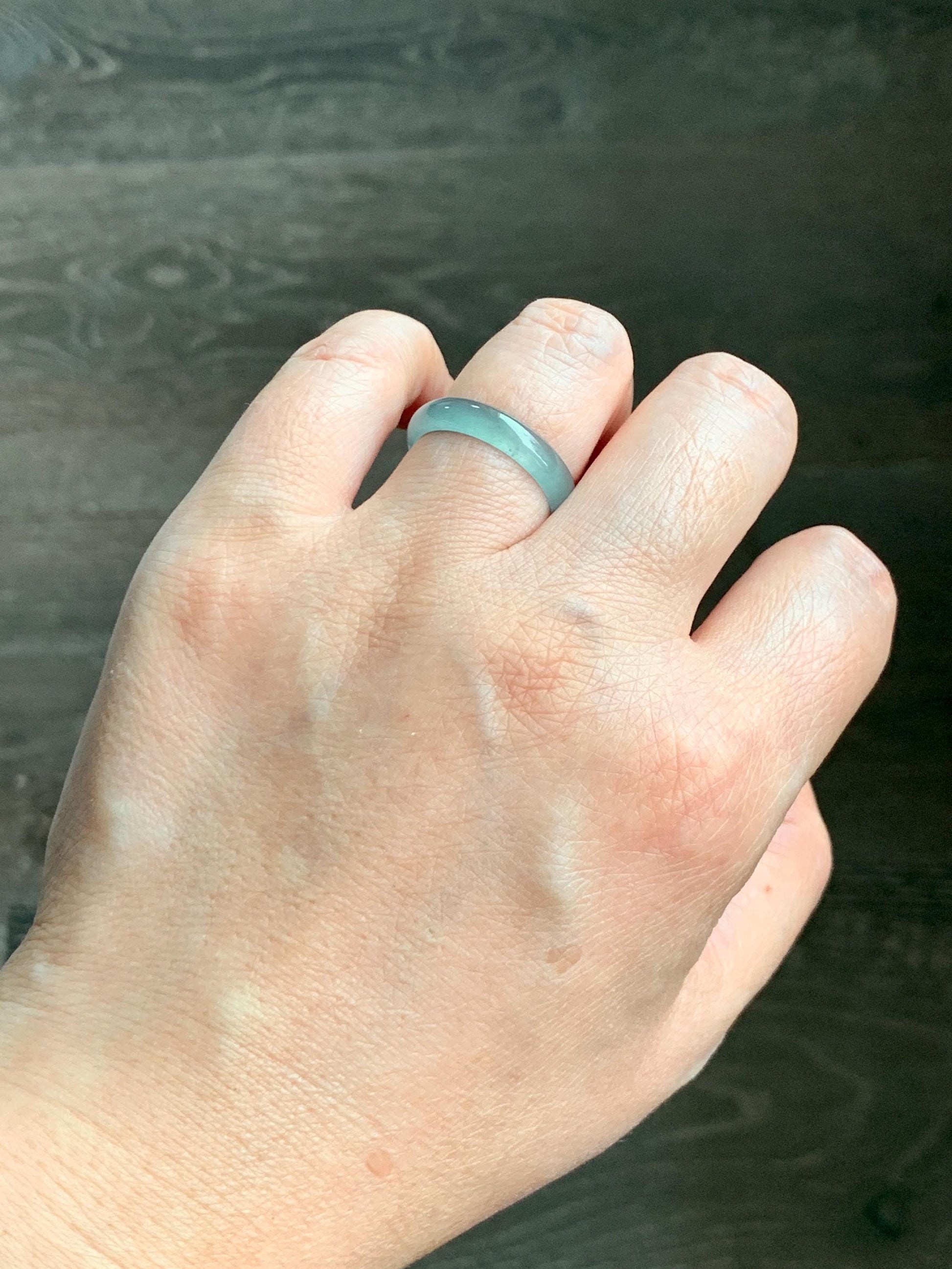 Natural Grade A Guatemalan Icy Highly Translucent Light Teal Jade Jadeite Band Ring Size 7.75 US 天然冰胶危浅蓝绿起光翡翠戒圈 WLL55E
