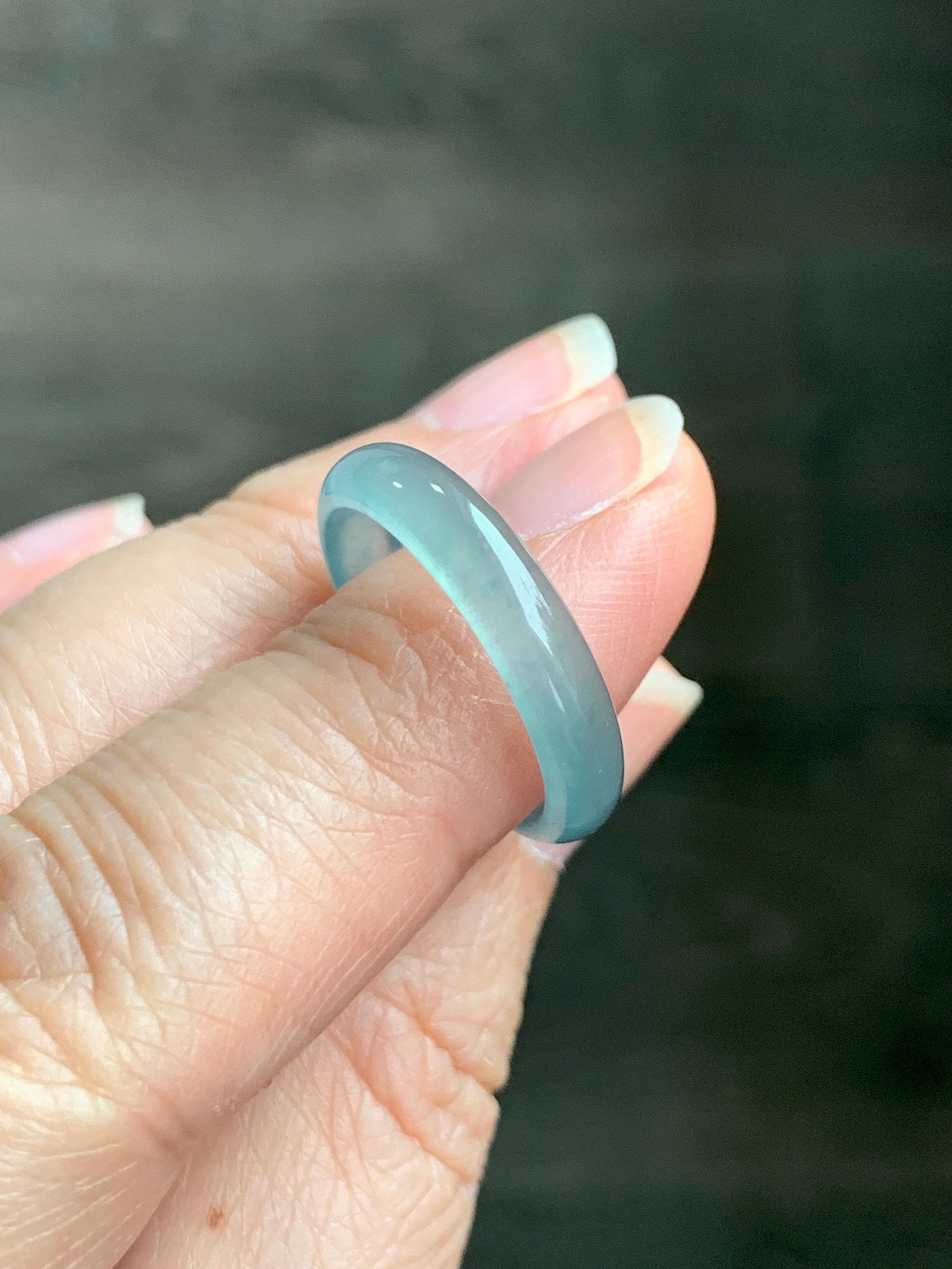 Natural Grade A Guatemalan Icy Highly Translucent Light Teal Jade Jadeite Band Ring Size 7.75 US 天然冰胶危浅蓝绿起光翡翠戒圈 WLL55E
