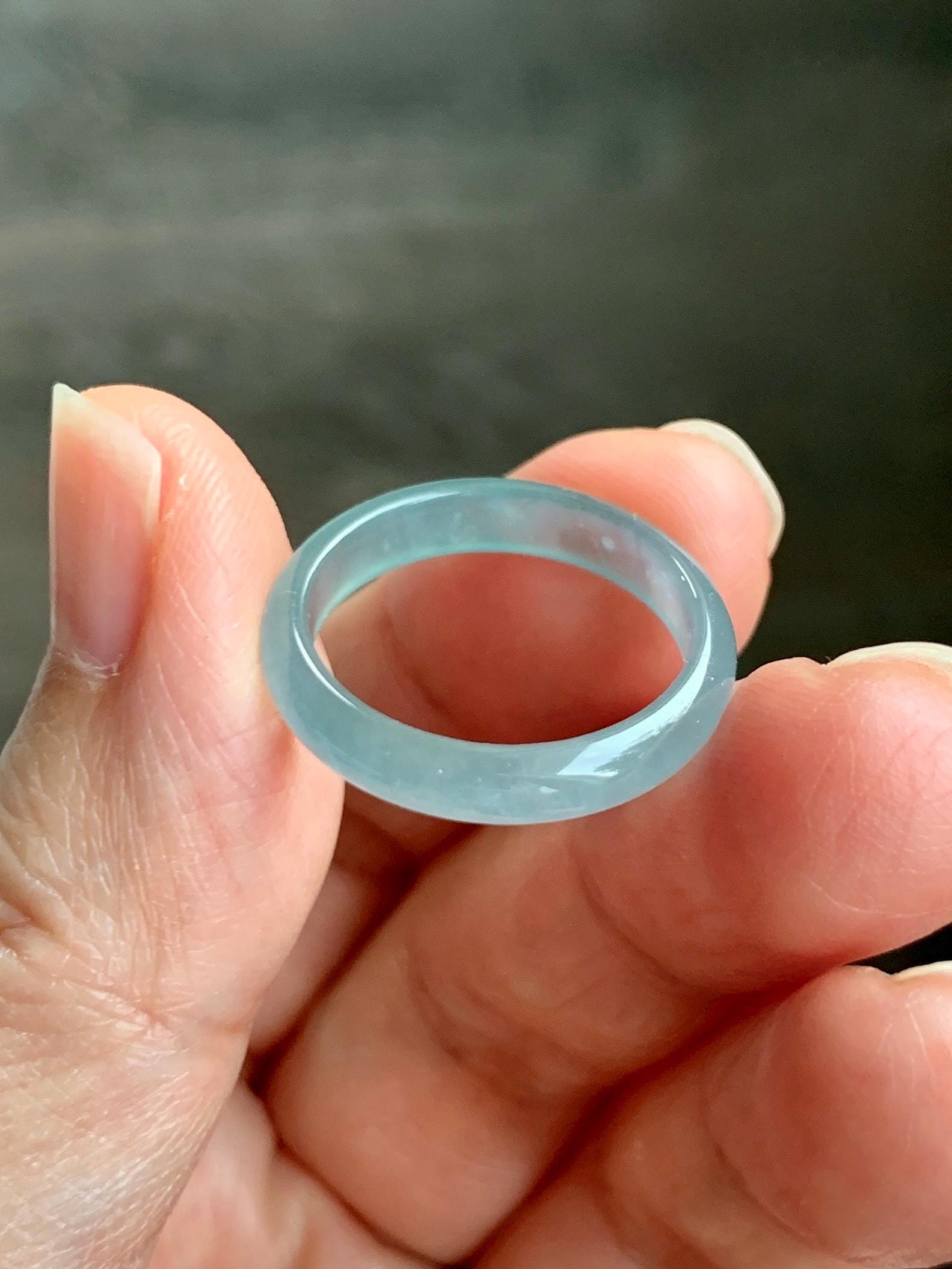 Natural Grade A Guatemalan Icy Highly Translucent Light Teal Jade Jadeite Band Ring Size 7.75 US 天然冰胶危浅蓝绿起光翡翠戒圈 WLL55F