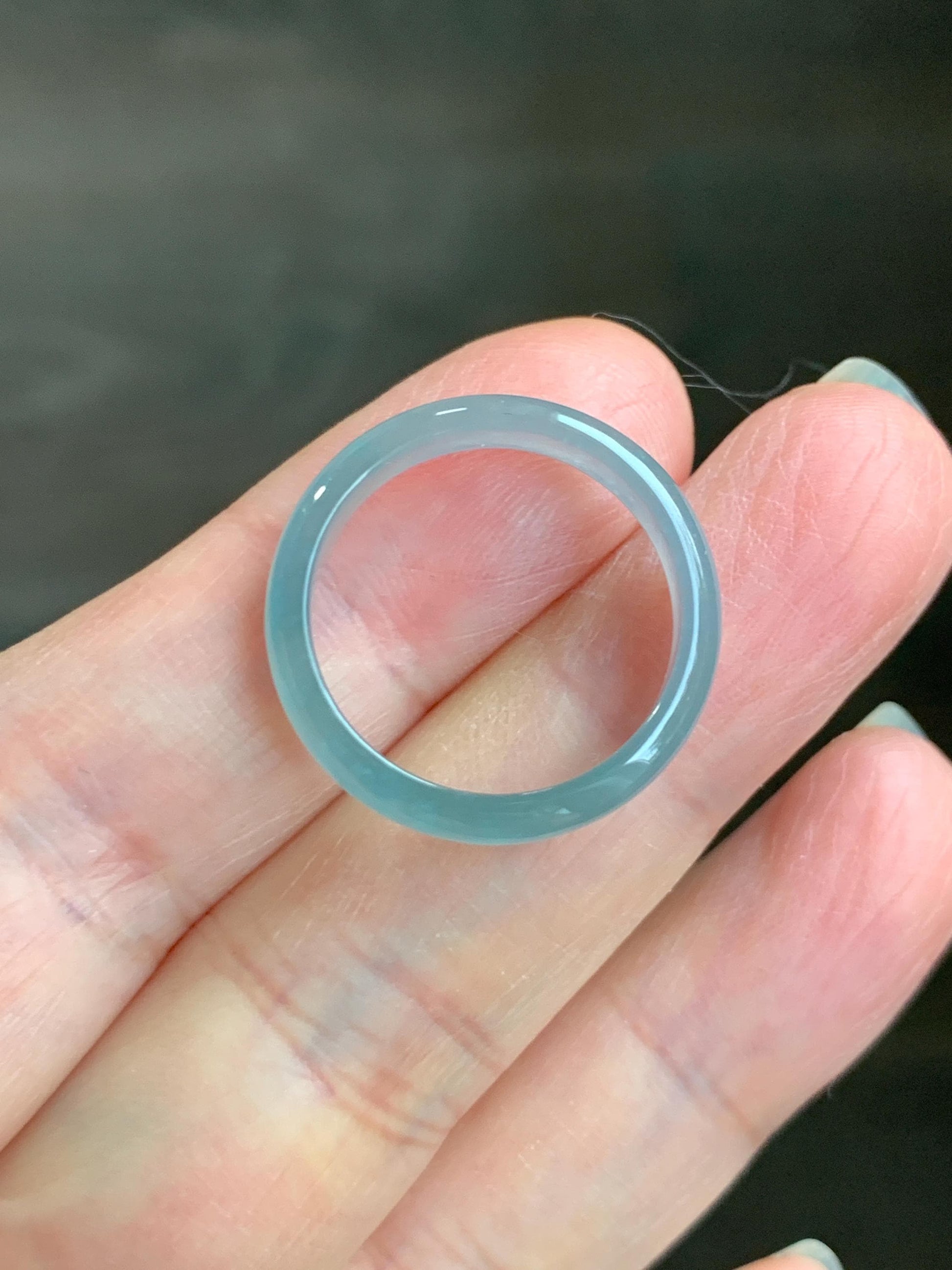 Natural Grade A Guatemalan Icy Highly Translucent Light Teal Jade Jadeite Band Ring Size 7.75 US 天然冰胶危浅蓝绿起光翡翠戒圈 WLL55F