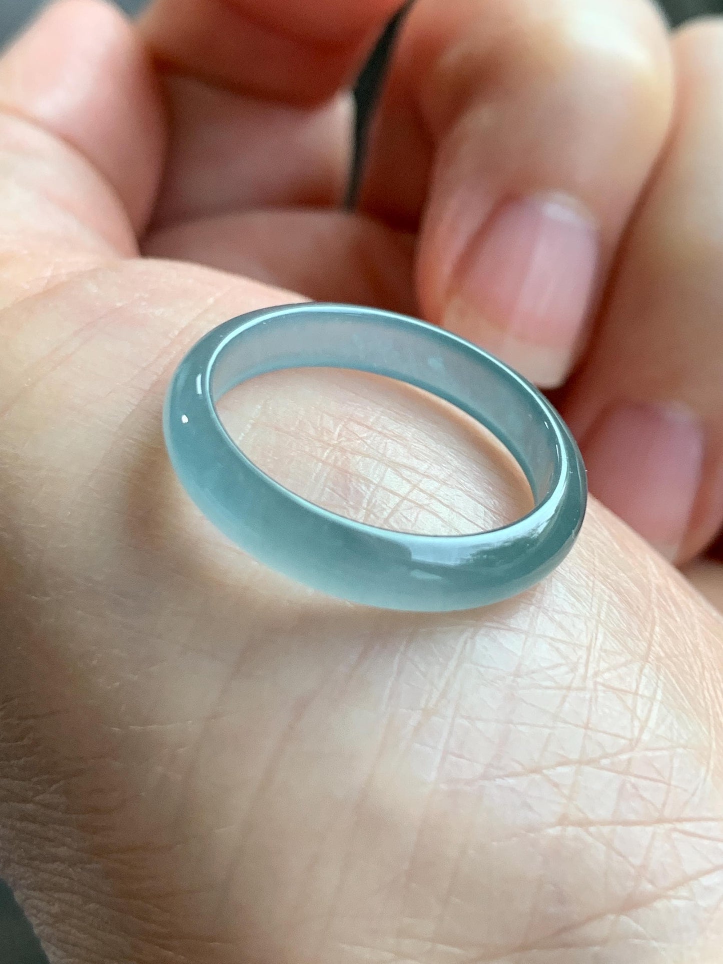 Natural Grade A Guatemalan Icy Highly Translucent Light Teal Jade Jadeite Band Ring Size 7.75 US 天然冰胶危浅蓝绿起光翡翠戒圈 WLL55F