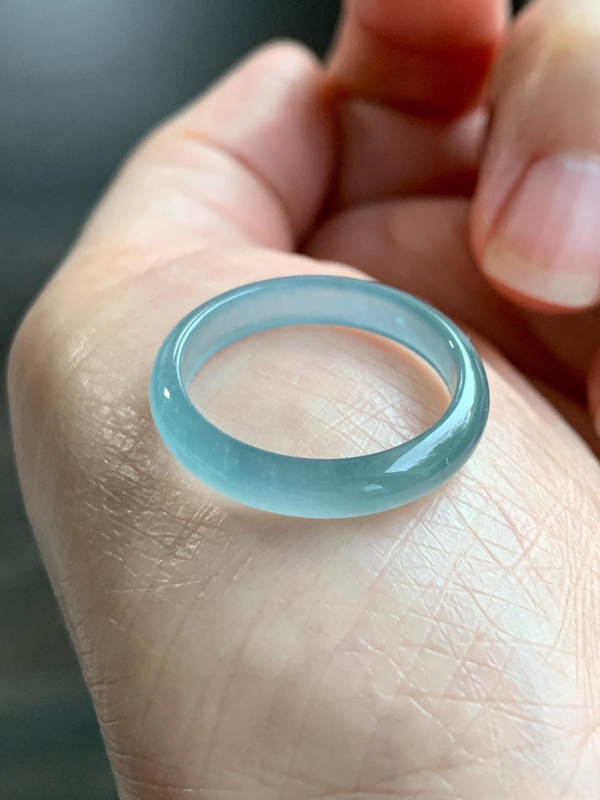 Natural Grade A Guatemalan Icy Highly Translucent Light Teal Jade Jadeite Band Ring Size 7.75 US 天然冰胶危浅蓝绿起光翡翠戒圈 WLL55F