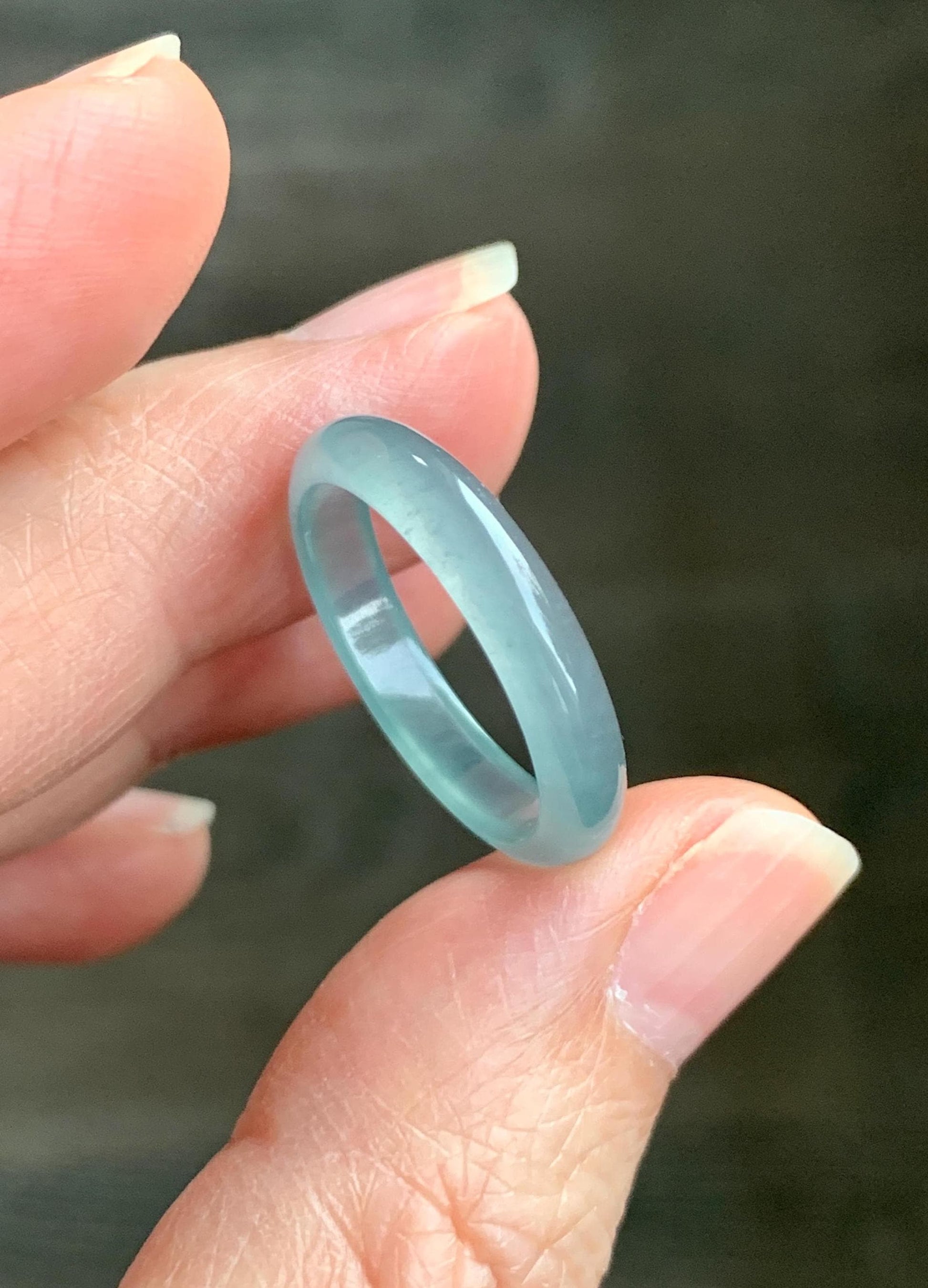 Natural Grade A Guatemalan Icy Highly Translucent Light Teal Jade Jadeite Band Ring Size 7.75 US 天然冰胶危浅蓝绿起光翡翠戒圈 WLL55F