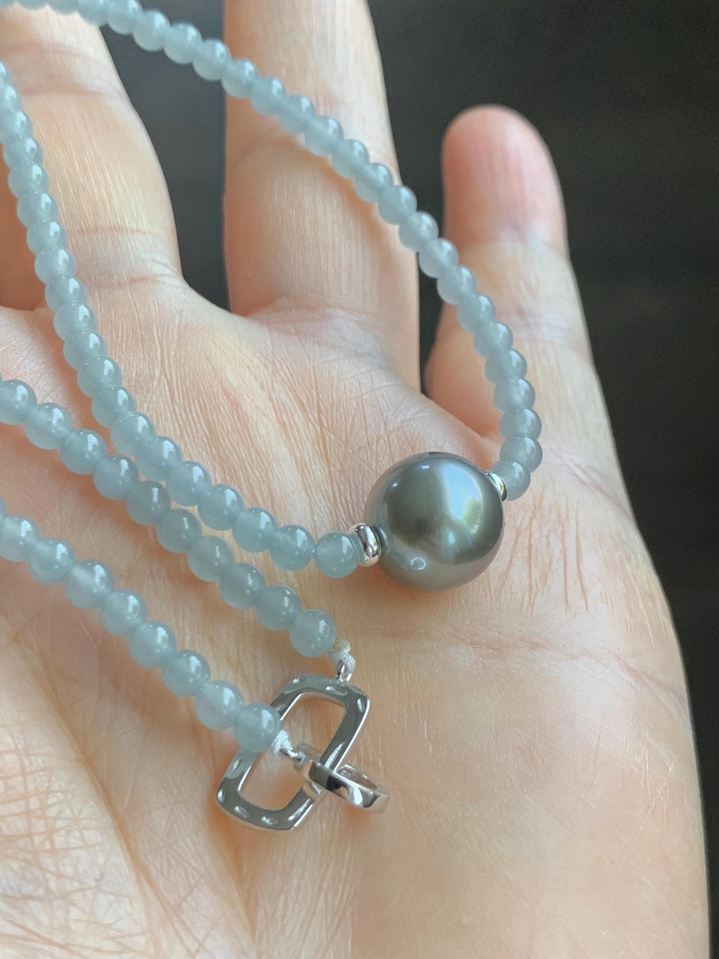 Natural Grade A Icy Translucent Pastel Blue Jade Jadeite Platinum Tahitian Pearl Sterling Silver Beaded Necklace 18.5” 天然冰胶危蓝翡翠小珠大溪地珍珠项链WDXL