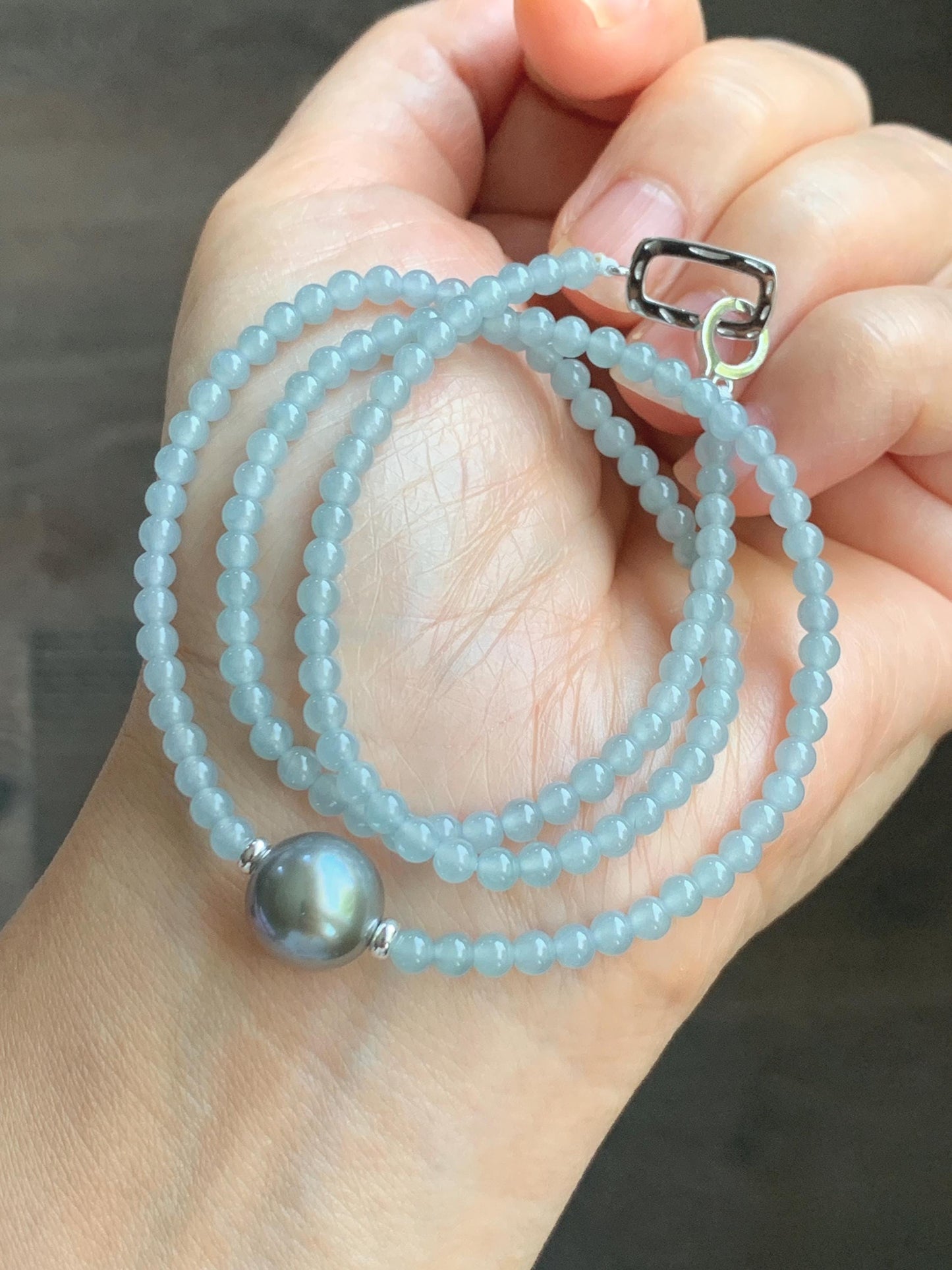 Natural Grade A Icy Translucent Pastel Blue Jade Jadeite Platinum Tahitian Pearl Sterling Silver Beaded Necklace 18.5” 天然冰胶危蓝翡翠小珠大溪地珍珠项链WDXL