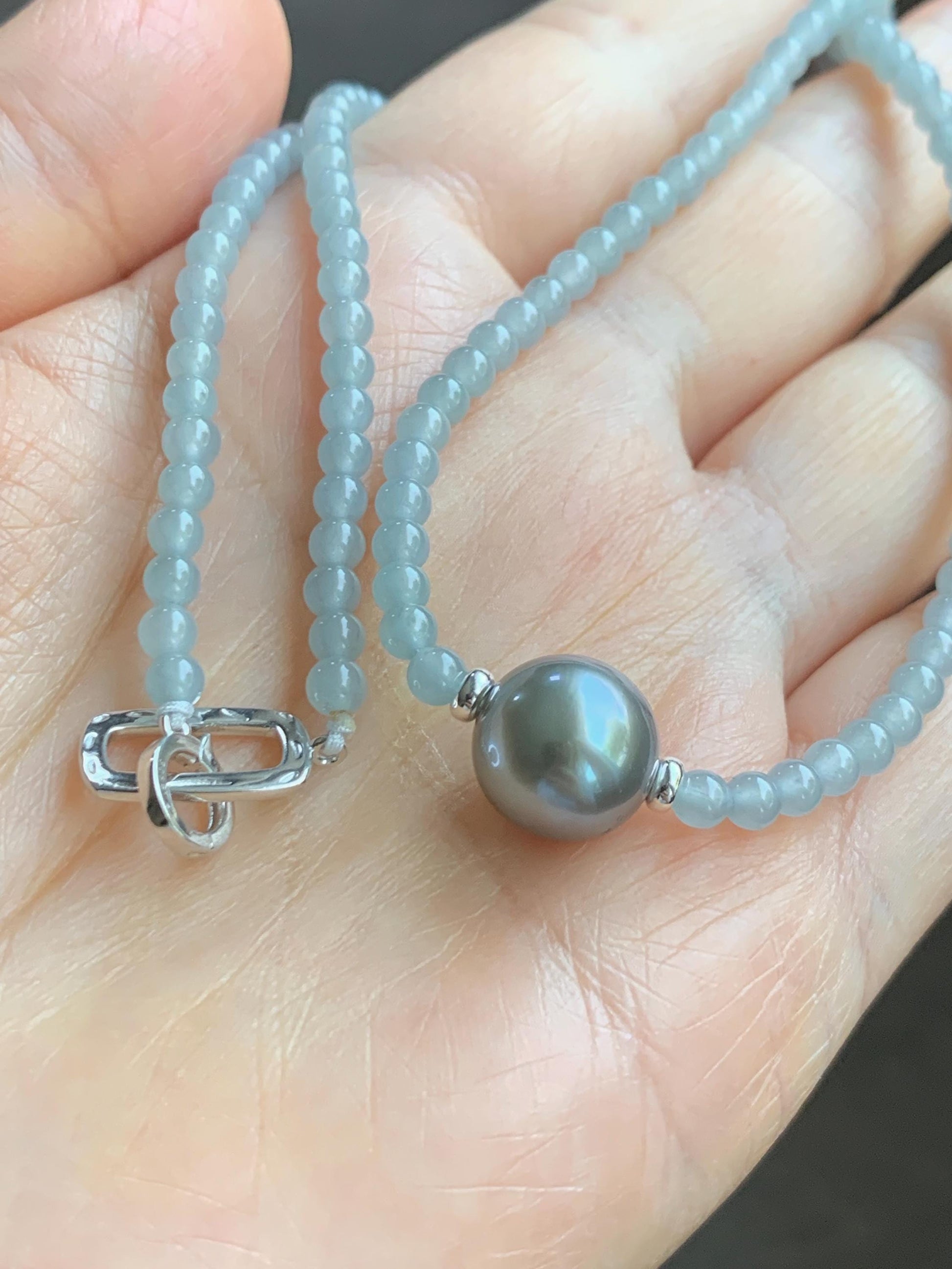 Natural Grade A Icy Translucent Pastel Blue Jade Jadeite Platinum Tahitian Pearl Sterling Silver Beaded Necklace 18.5” 天然冰胶危蓝翡翠小珠大溪地珍珠项链WDXL