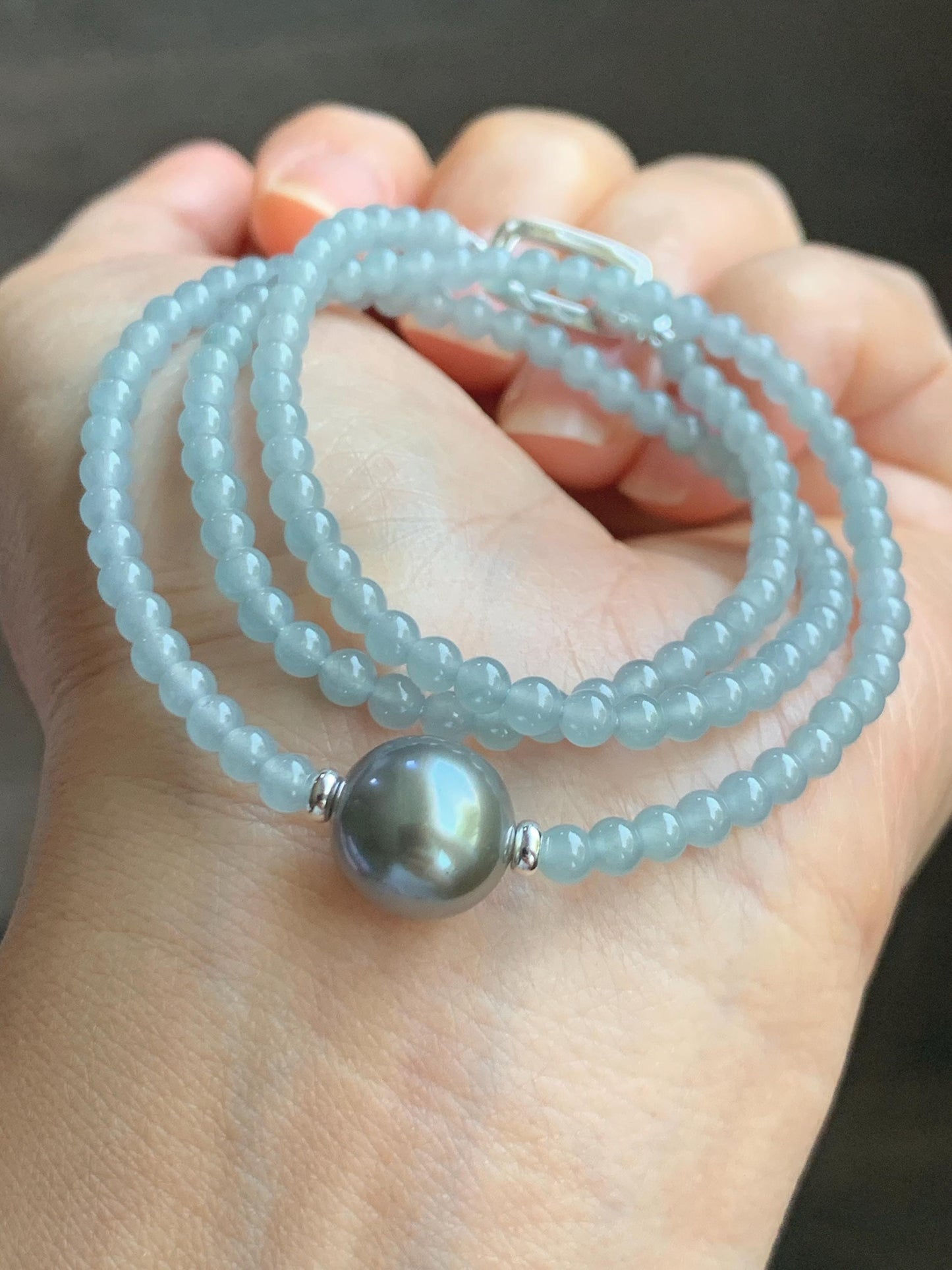 Natural Grade A Icy Translucent Pastel Blue Jade Jadeite Platinum Tahitian Pearl Sterling Silver Beaded Necklace 18.5” 天然冰胶危蓝翡翠小珠大溪地珍珠项链WDXL
