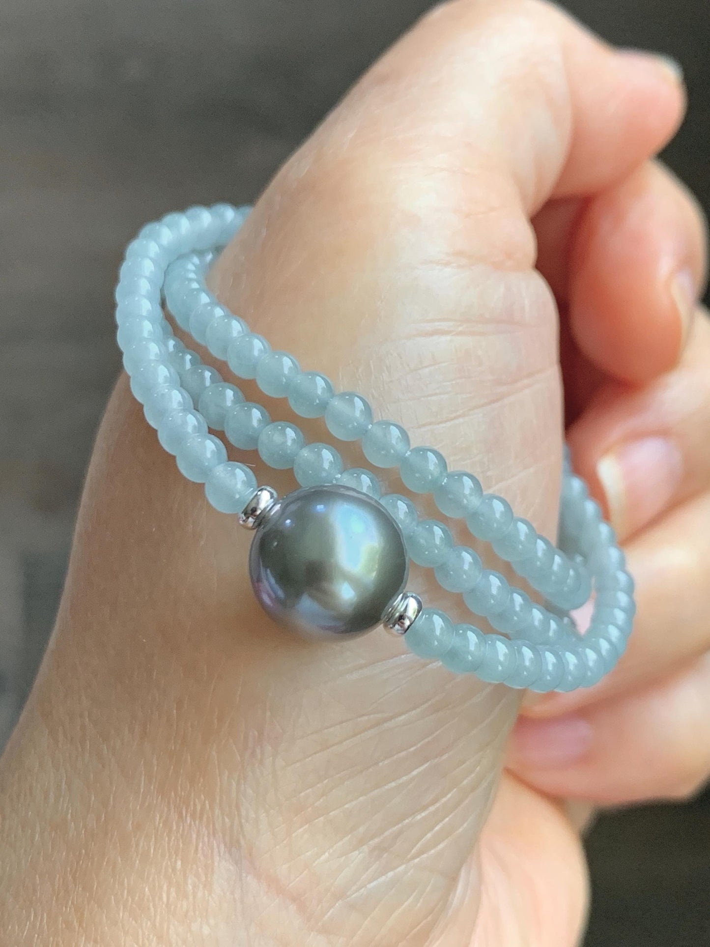 Natural Grade A Icy Translucent Pastel Blue Jade Jadeite Platinum Tahitian Pearl Sterling Silver Beaded Necklace 18.5” 天然冰胶危蓝翡翠小珠大溪地珍珠项链WDXL