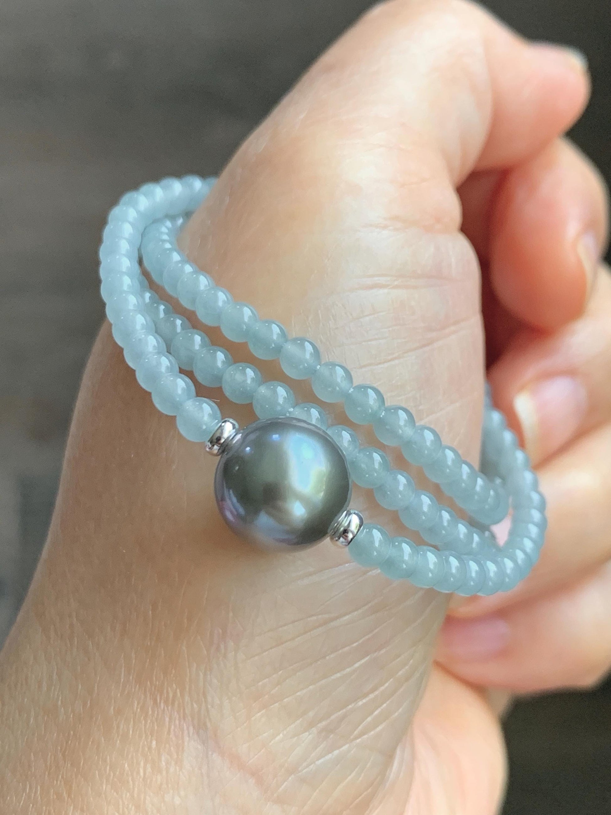 Natural Grade A Icy Translucent Pastel Blue Jade Jadeite Platinum Tahitian Pearl Sterling Silver Beaded Necklace 18.5” 天然冰胶危蓝翡翠小珠大溪地珍珠项链WDXL