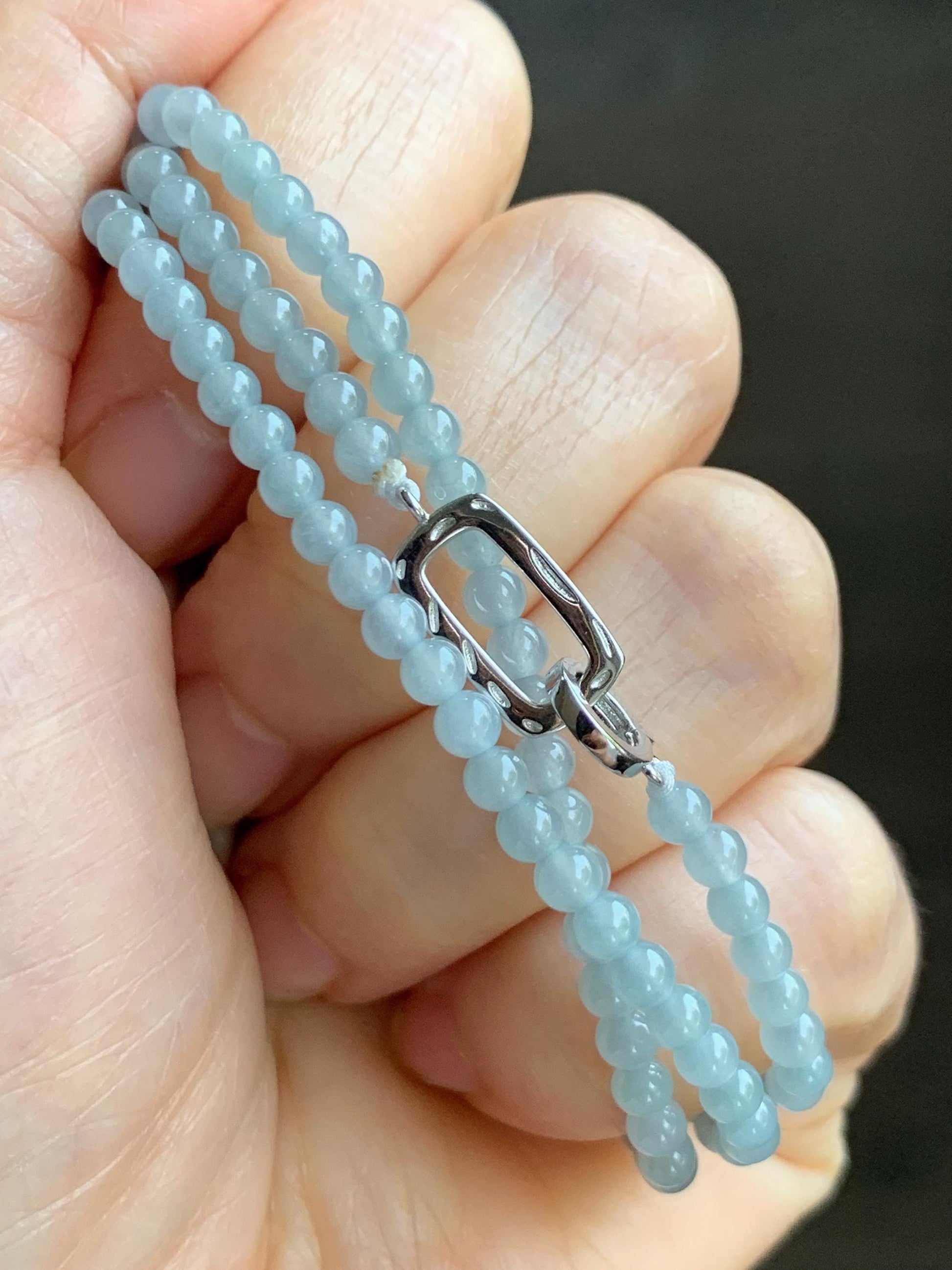 Natural Grade A Icy Translucent Pastel Blue Jade Jadeite Platinum Tahitian Pearl Sterling Silver Beaded Necklace 18.5” 天然冰胶危蓝翡翠小珠大溪地珍珠项链WDXL