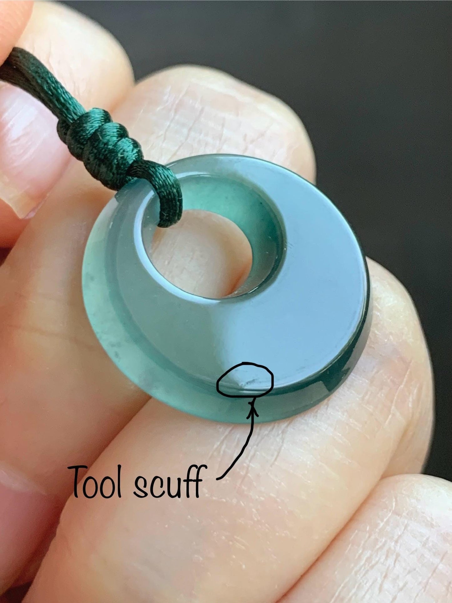 Natural Grade A Guatemalan Icy Translucent Dark Teal Blue Jade Jadeite Ping An Kou Donut Pendant Rope Necklace 25” 天然冰危蓝绿翡翠平安扣项链 WMPK
