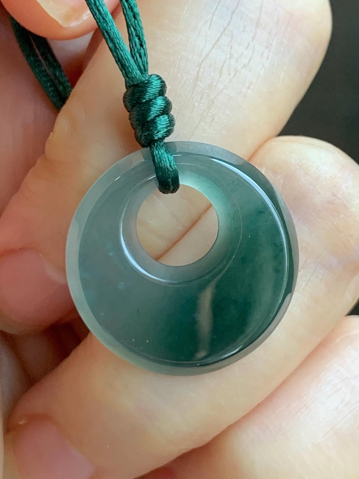 Natural Grade A Guatemalan Icy Translucent Dark Teal Blue Jade Jadeite Ping An Kou Donut Pendant Rope Necklace 25” 天然冰危蓝绿翡翠平安扣项链 WMPK