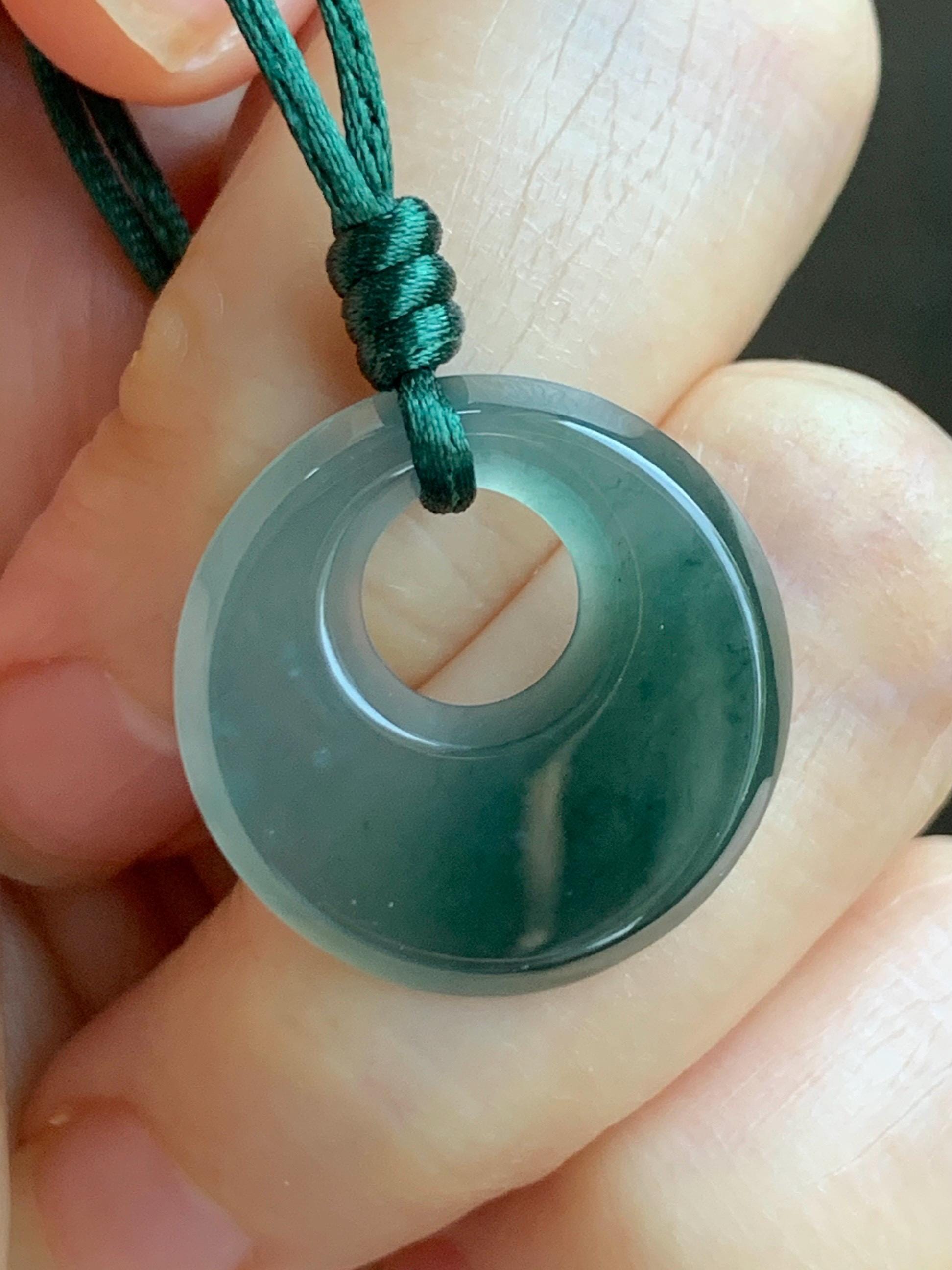Natural Grade A Guatemalan Icy Translucent Dark Teal Blue Jade Jadeite Ping An Kou Donut Pendant Rope Necklace 25” 天然冰危蓝绿翡翠平安扣项链 WMPK