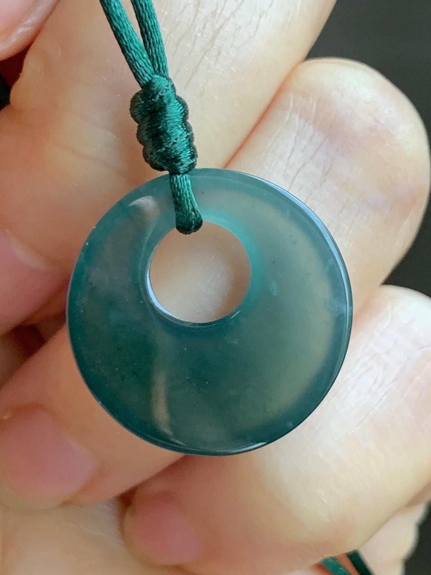 Natural Grade A Guatemalan Icy Translucent Dark Teal Blue Jade Jadeite Ping An Kou Donut Pendant Rope Necklace 25” 天然冰危蓝绿翡翠平安扣项链 WMPK