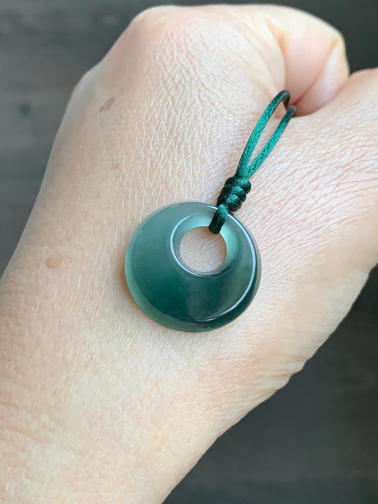 Natural Grade A Guatemalan Icy Translucent Dark Teal Blue Jade Jadeite Ping An Kou Donut Pendant Rope Necklace 25” 天然冰危蓝绿翡翠平安扣项链 WMPK