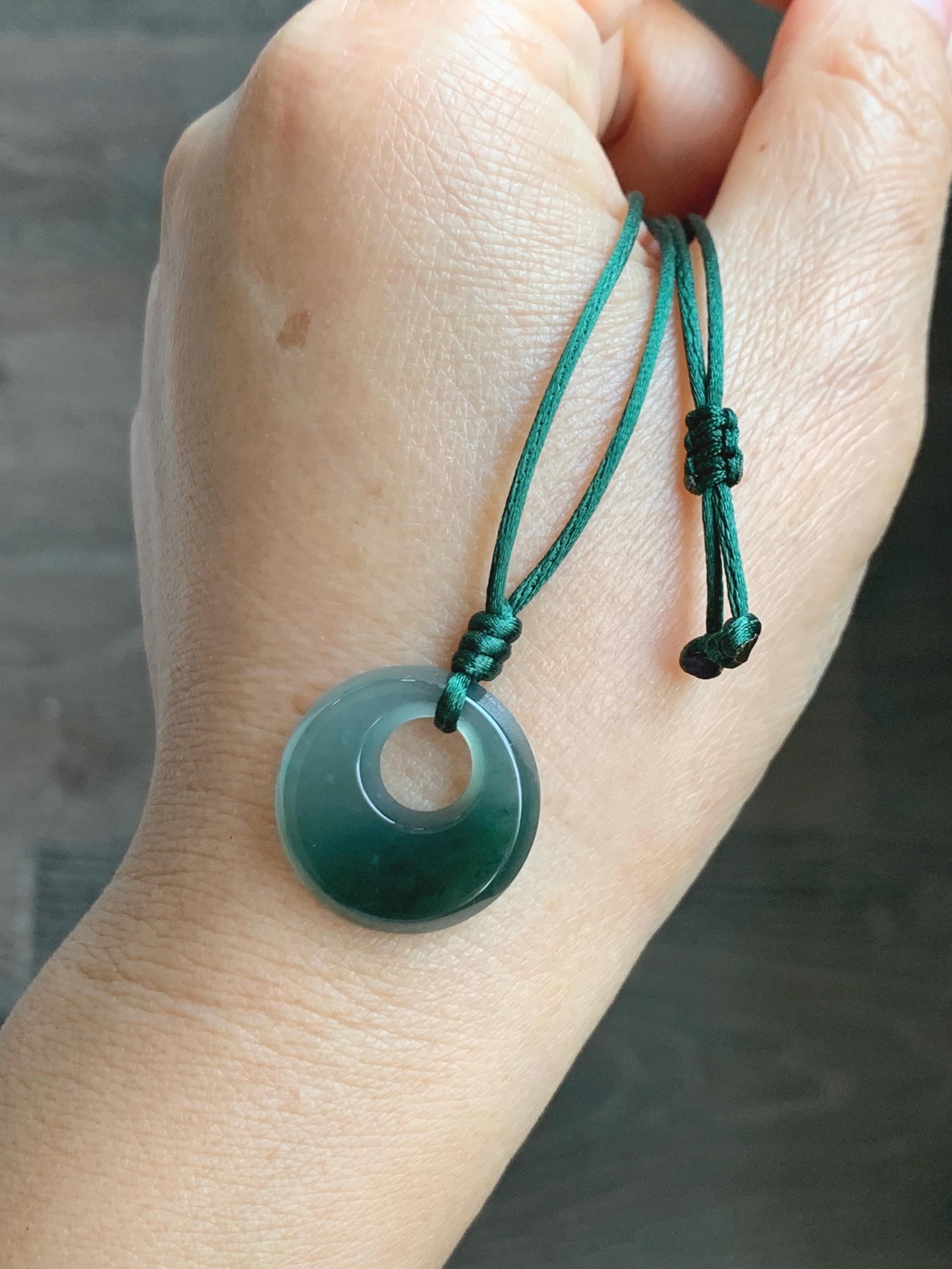 Natural Grade A Guatemalan Icy Translucent Dark Teal Blue Jade Jadeite Ping An Kou Donut Pendant Rope Necklace 25” 天然冰危蓝绿翡翠平安扣项链 WMPK