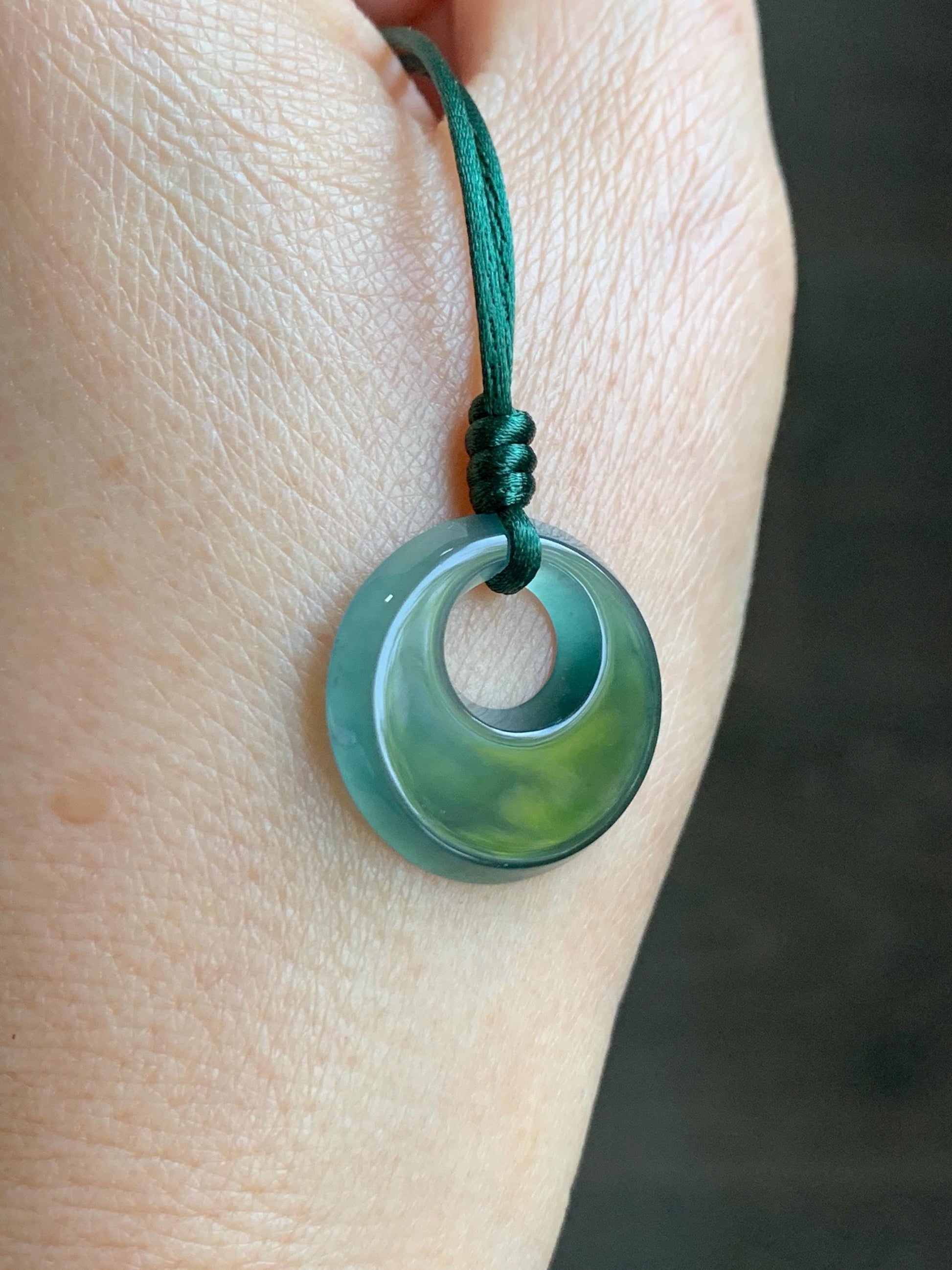 Natural Grade A Guatemalan Icy Translucent Dark Teal Blue Jade Jadeite Ping An Kou Donut Pendant Rope Necklace 25” 天然冰危蓝绿翡翠平安扣项链 WMPK