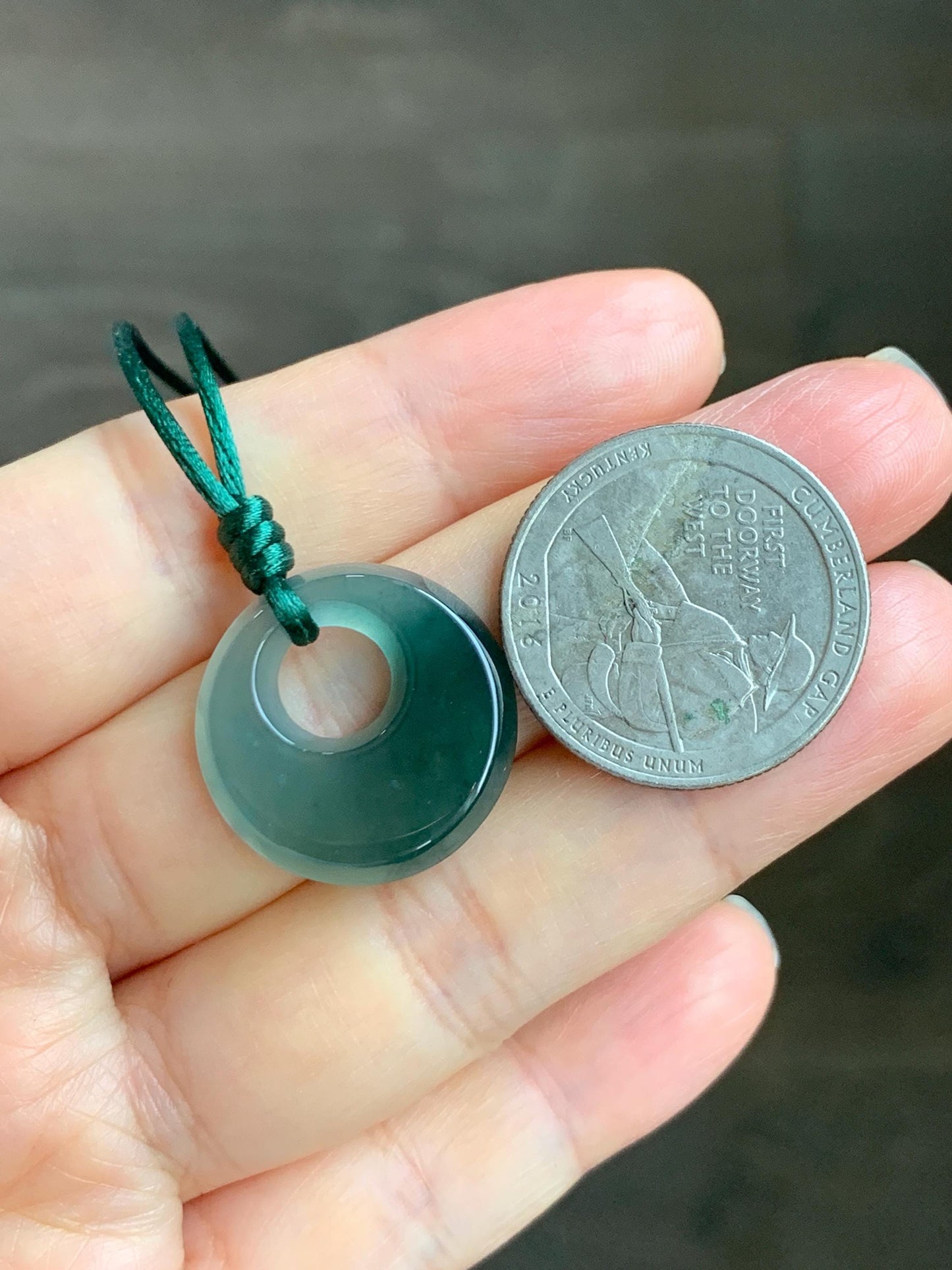Natural Grade A Guatemalan Icy Translucent Dark Teal Blue Jade Jadeite Ping An Kou Donut Pendant Rope Necklace 25” 天然冰危蓝绿翡翠平安扣项链 WMPK