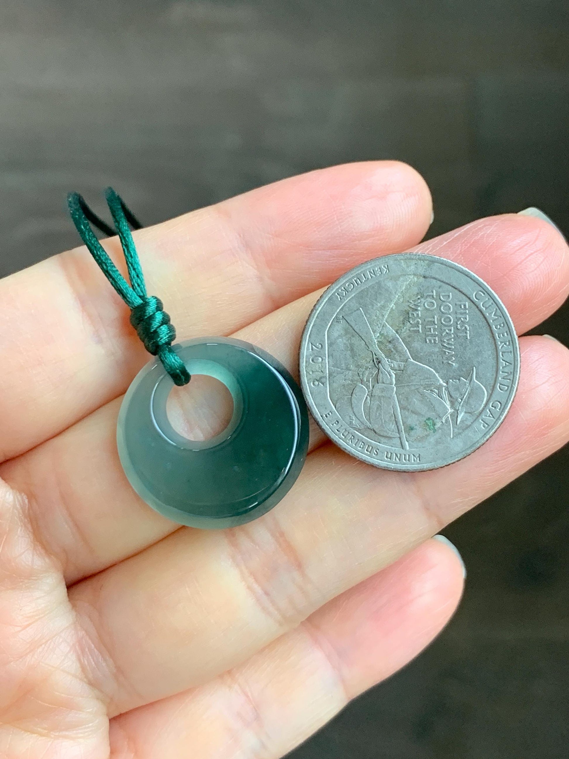 Natural Grade A Guatemalan Icy Translucent Dark Teal Blue Jade Jadeite Ping An Kou Donut Pendant Rope Necklace 25” 天然冰危蓝绿翡翠平安扣项链 WMPK