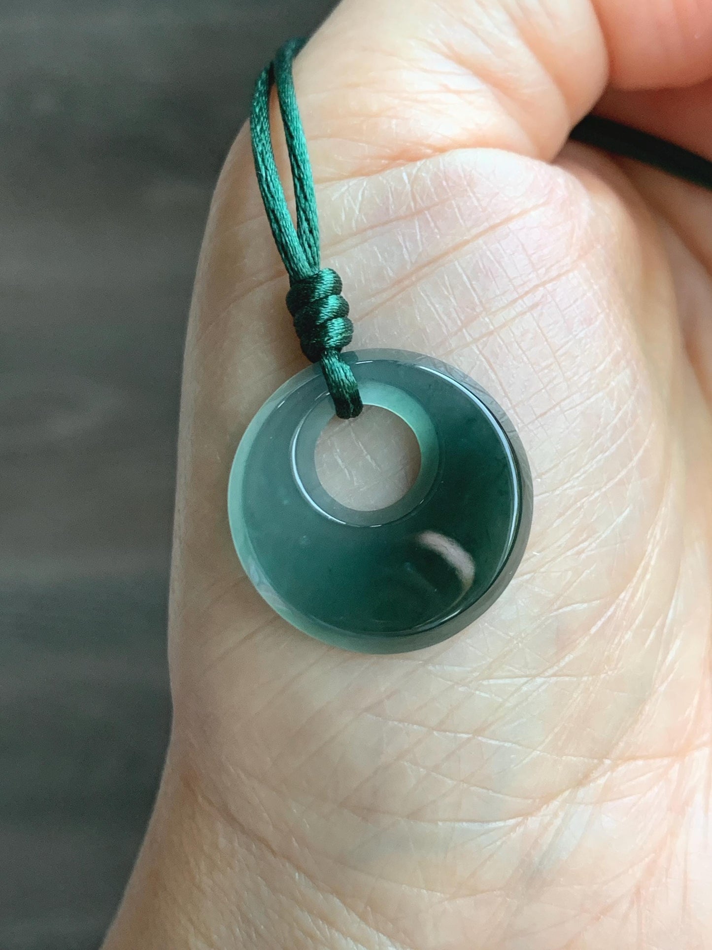 Natural Grade A Guatemalan Icy Translucent Dark Teal Blue Jade Jadeite Ping An Kou Donut Pendant Rope Necklace 25” 天然冰危蓝绿翡翠平安扣项链 WMPK