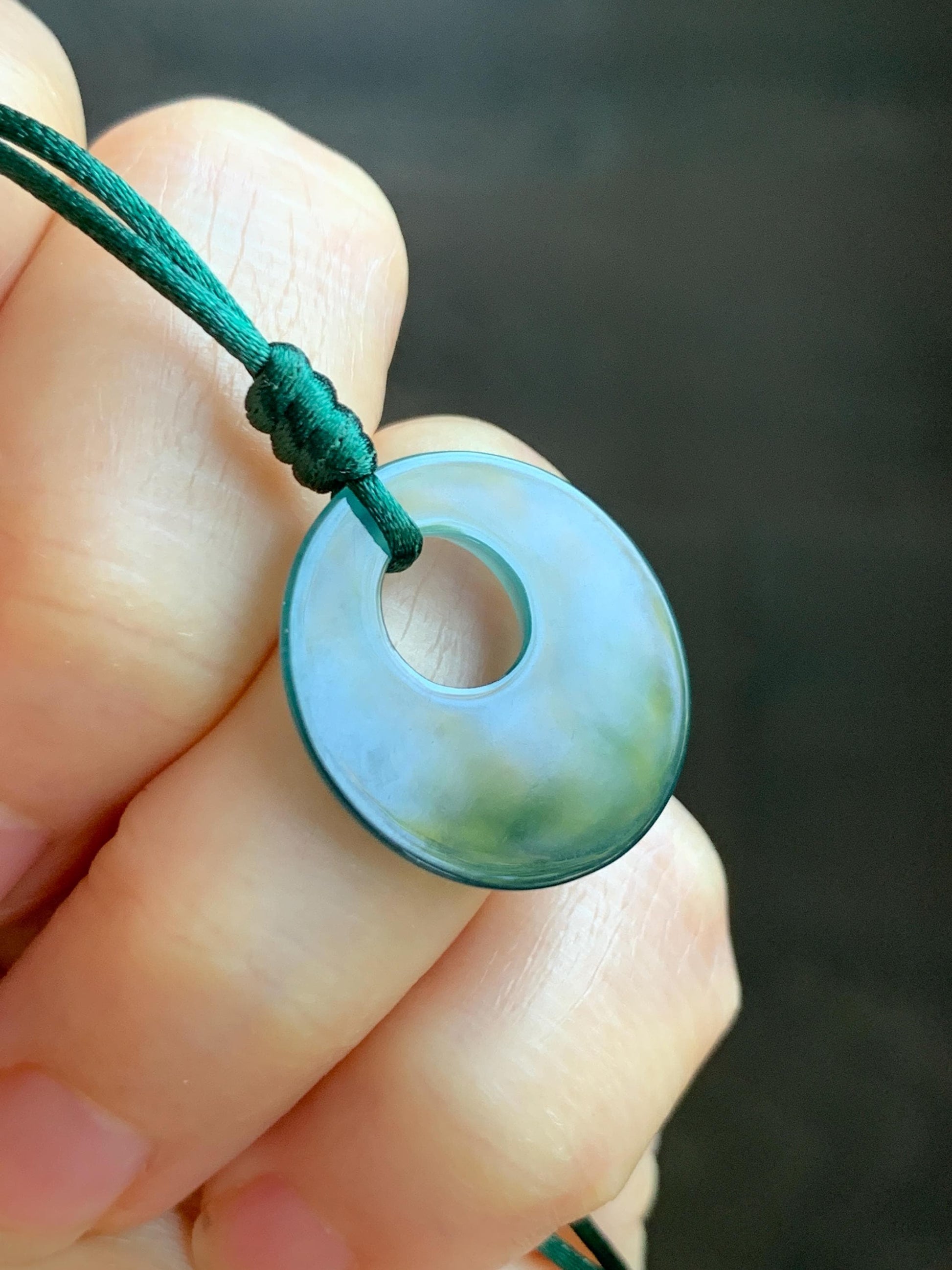 Natural Grade A Guatemalan Icy Translucent Dark Teal Blue Jade Jadeite Ping An Kou Donut Pendant Rope Necklace 25” 天然冰危蓝绿翡翠平安扣项链 WMPK