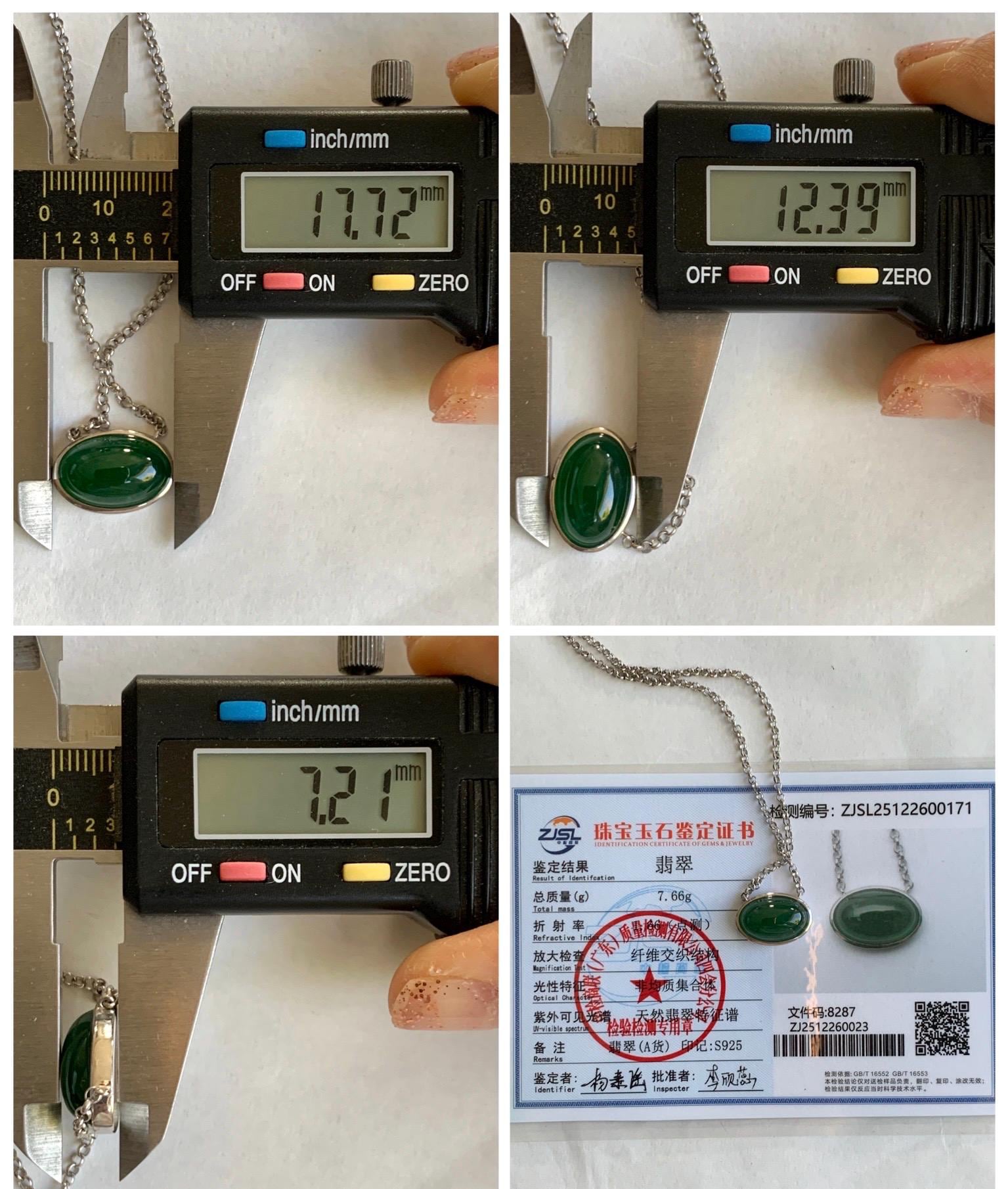 Certified Natural Grade A Guatemalan Icy Translucent Rich Green Jade Jadeite Solitaire Pendant Necklace Sterling Silver 天然冰危深绿翡翠大蛋面锁骨链 171