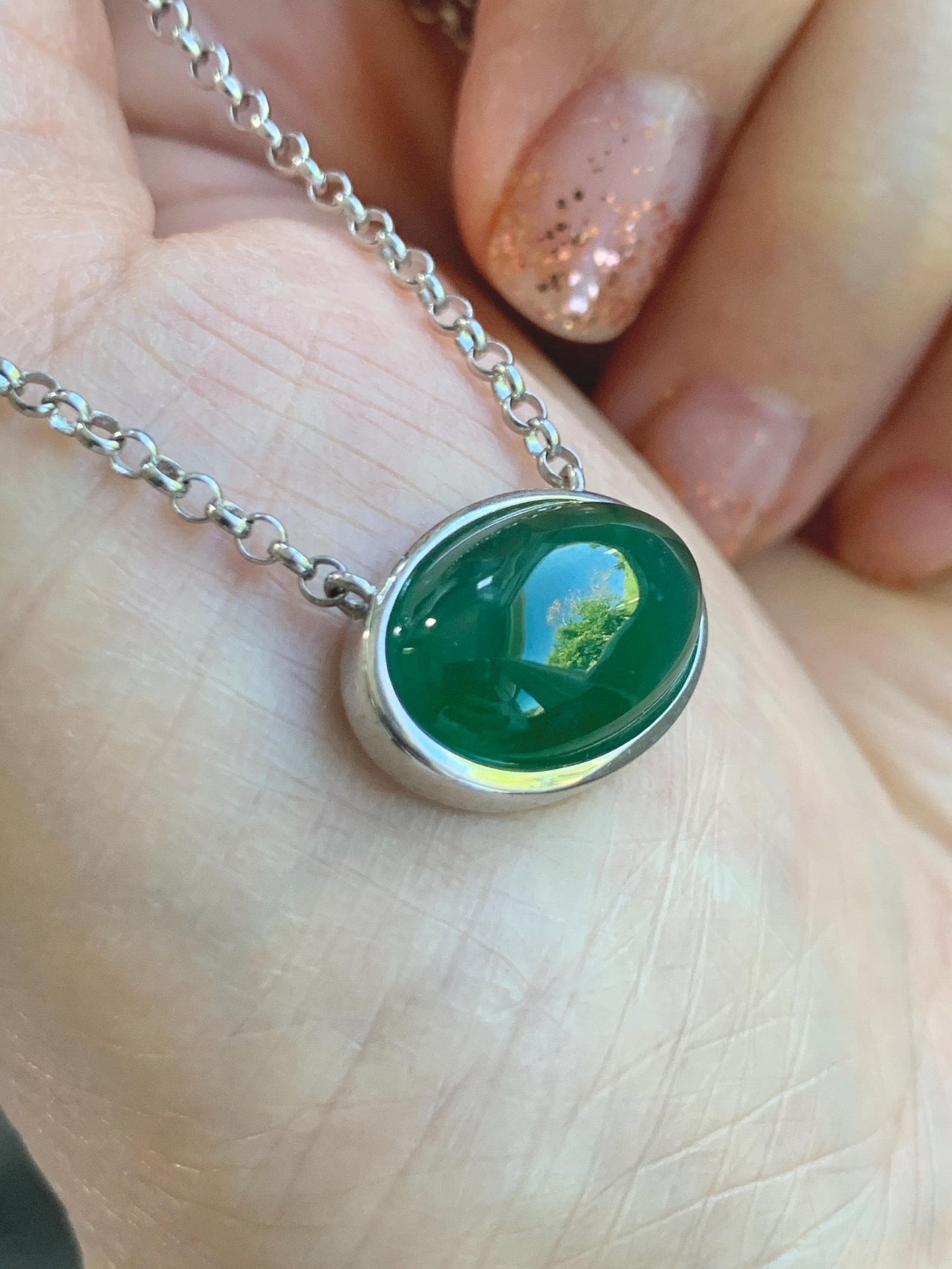 Certified Natural Grade A Guatemalan Icy Translucent Rich Green Jade Jadeite Solitaire Pendant Necklace Sterling Silver 天然冰危深绿翡翠大蛋面锁骨链 171