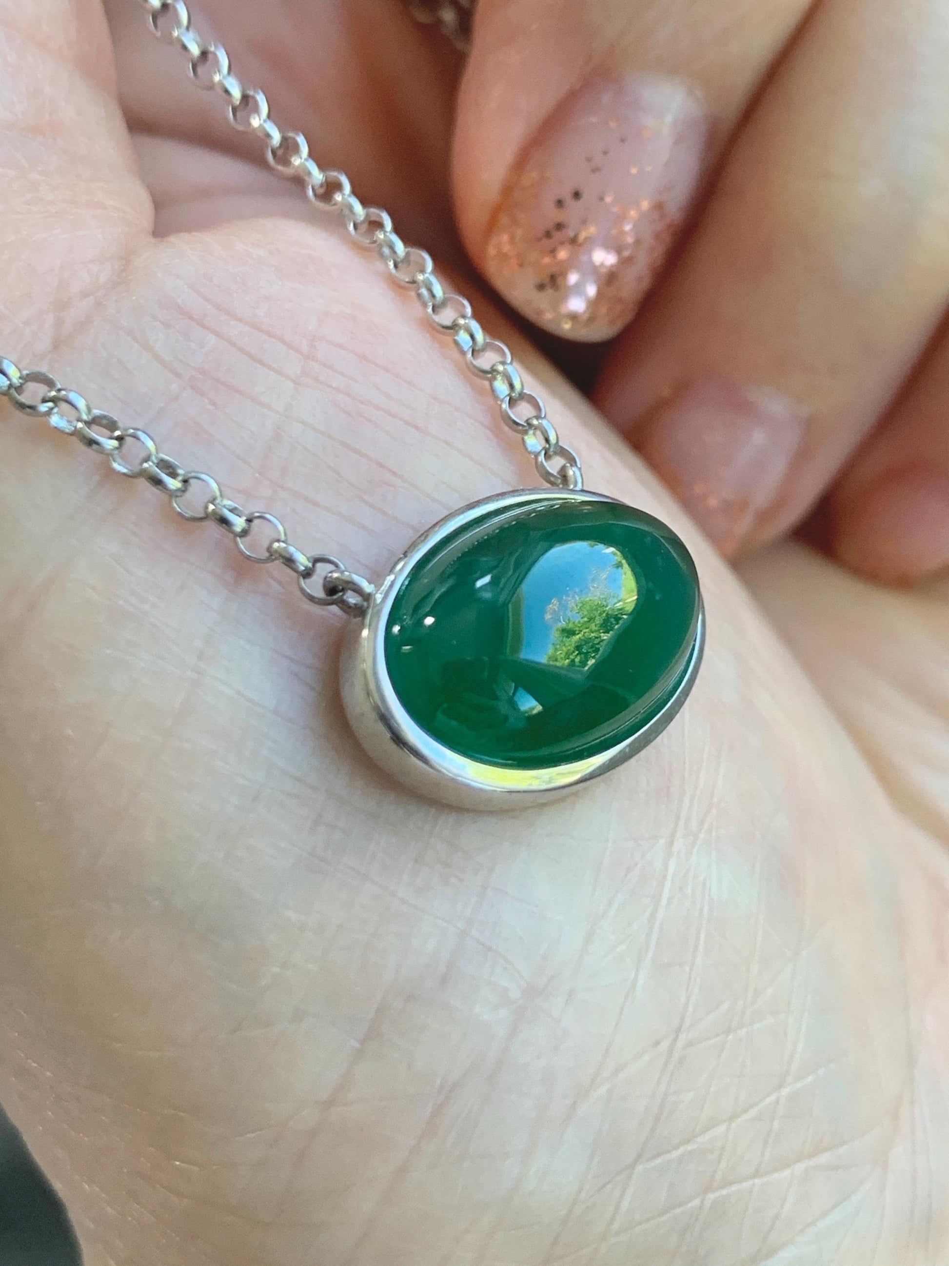 Certified Natural Grade A Guatemalan Icy Translucent Rich Green Jade Jadeite Solitaire Pendant Necklace Sterling Silver 天然冰危深绿翡翠大蛋面锁骨链 171