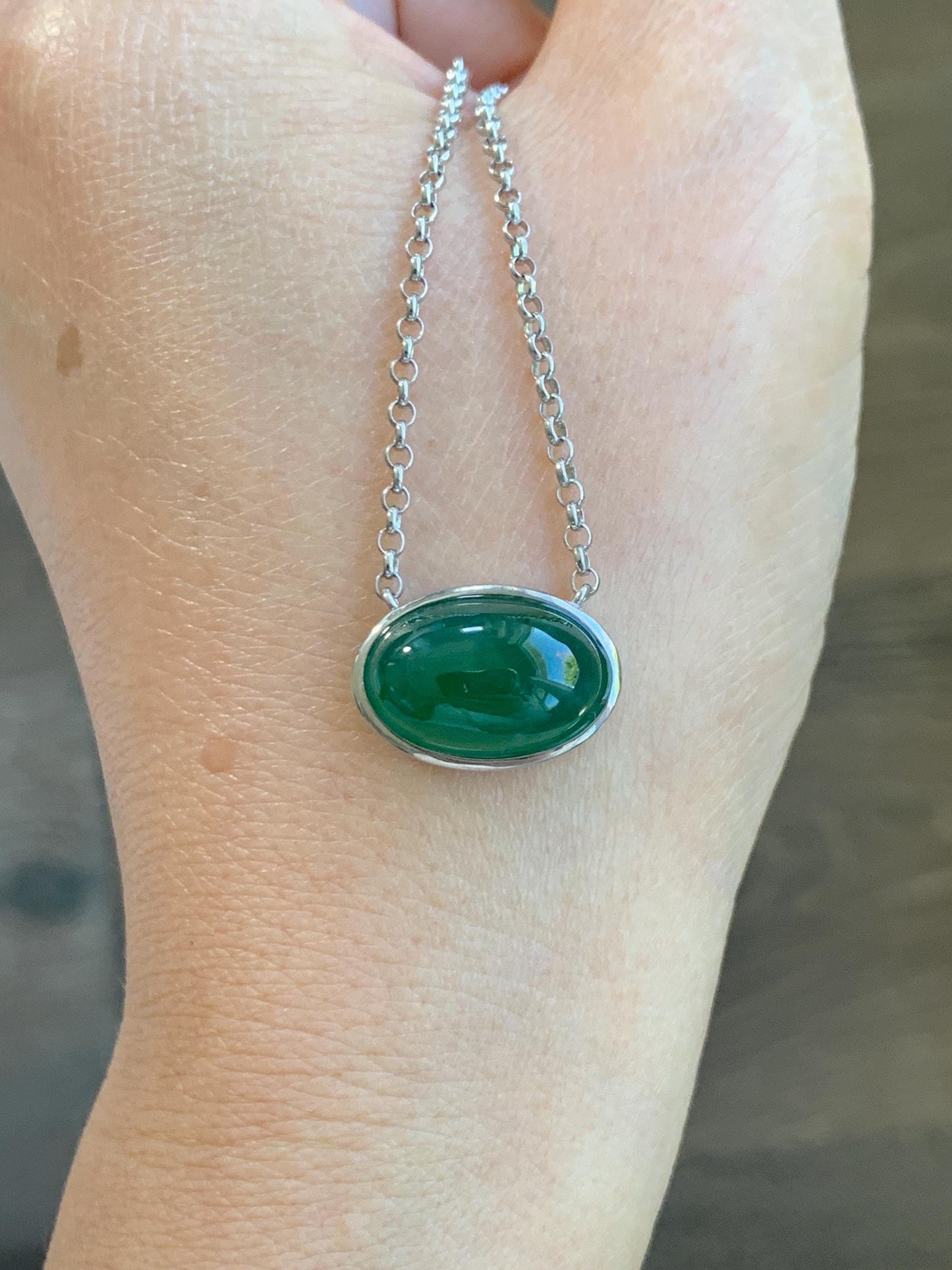 Certified Natural Grade A Guatemalan Icy Translucent Rich Green Jade Jadeite Solitaire Pendant Necklace Sterling Silver 天然冰危深绿翡翠大蛋面锁骨链 171
