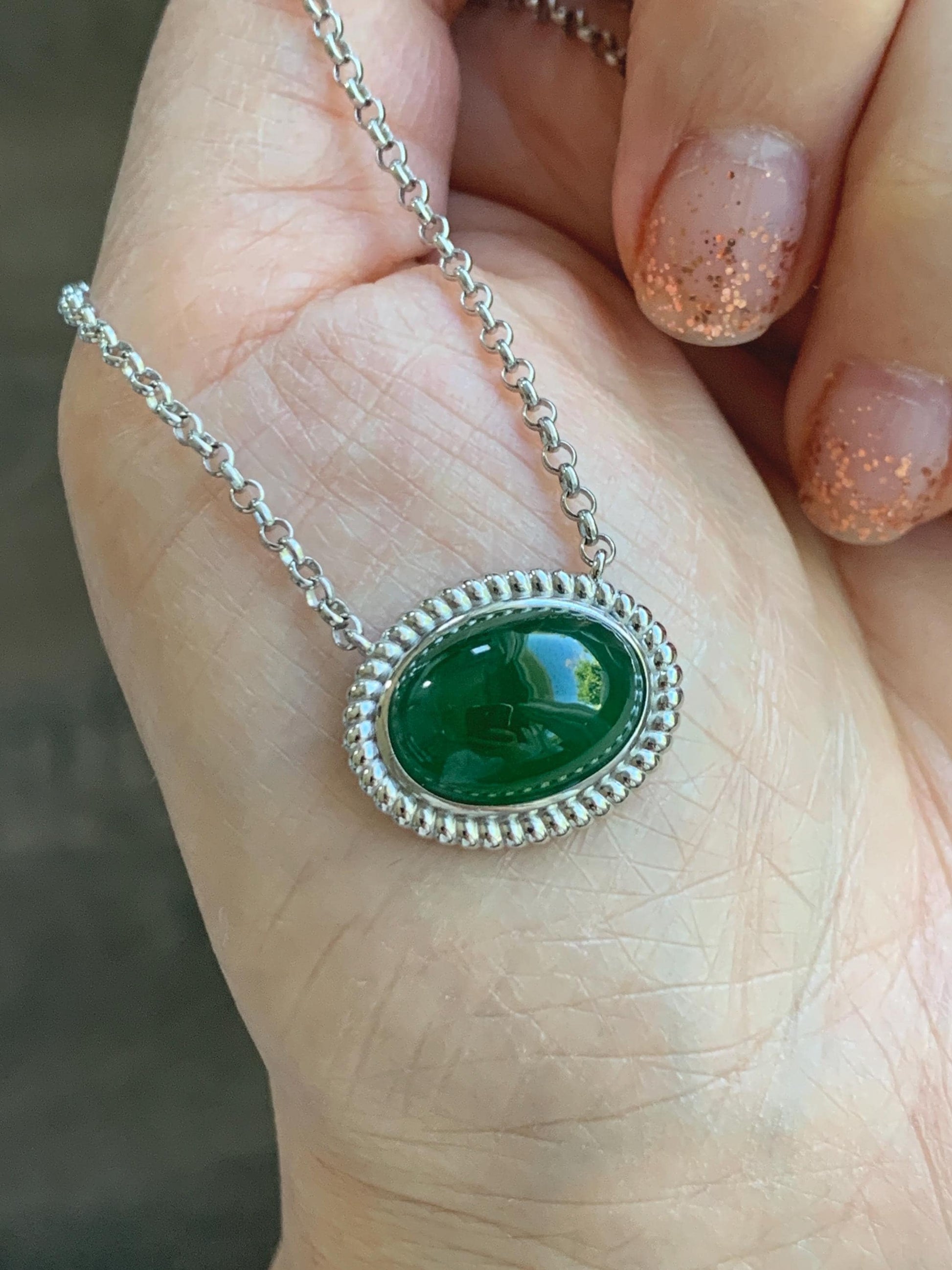 Certified Natural Grade A Guatemalan Icy Translucent Deep Green Jade Jadeite Solitaire Pendant Necklace Sterling Silver 天然冰危深绿翡翠大蛋面锁骨链 170