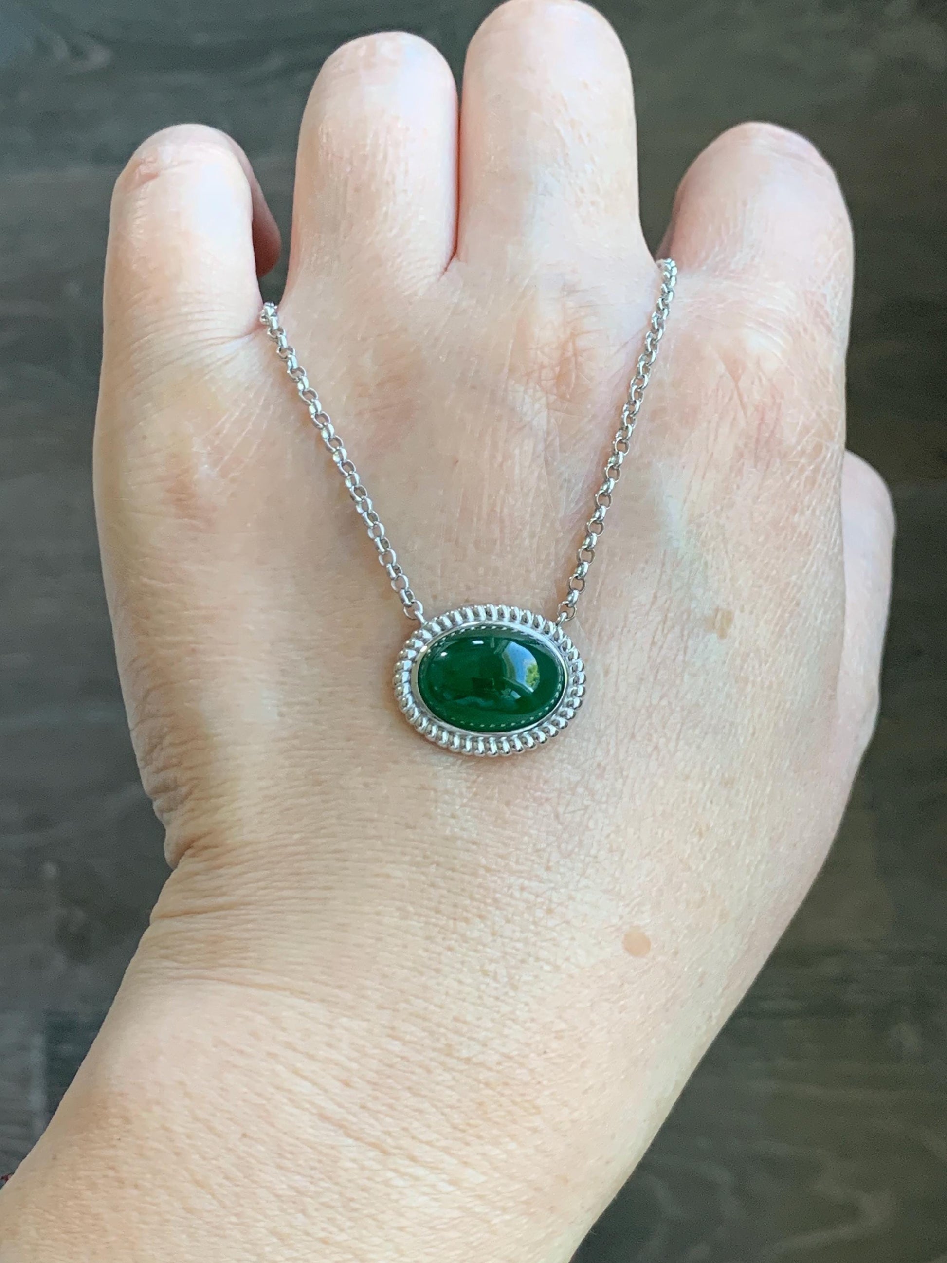 Certified Natural Grade A Guatemalan Icy Translucent Deep Green Jade Jadeite Solitaire Pendant Necklace Sterling Silver 天然冰危深绿翡翠大蛋面锁骨链 170