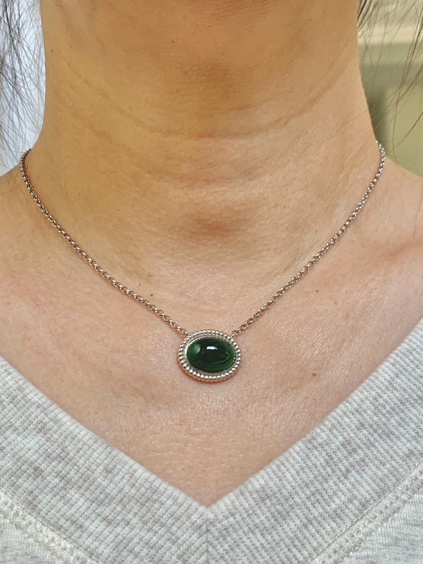 Certified Natural Grade A Guatemalan Icy Translucent Deep Green Jade Jadeite Solitaire Pendant Necklace Sterling Silver 天然冰危深绿翡翠大蛋面锁骨链 170