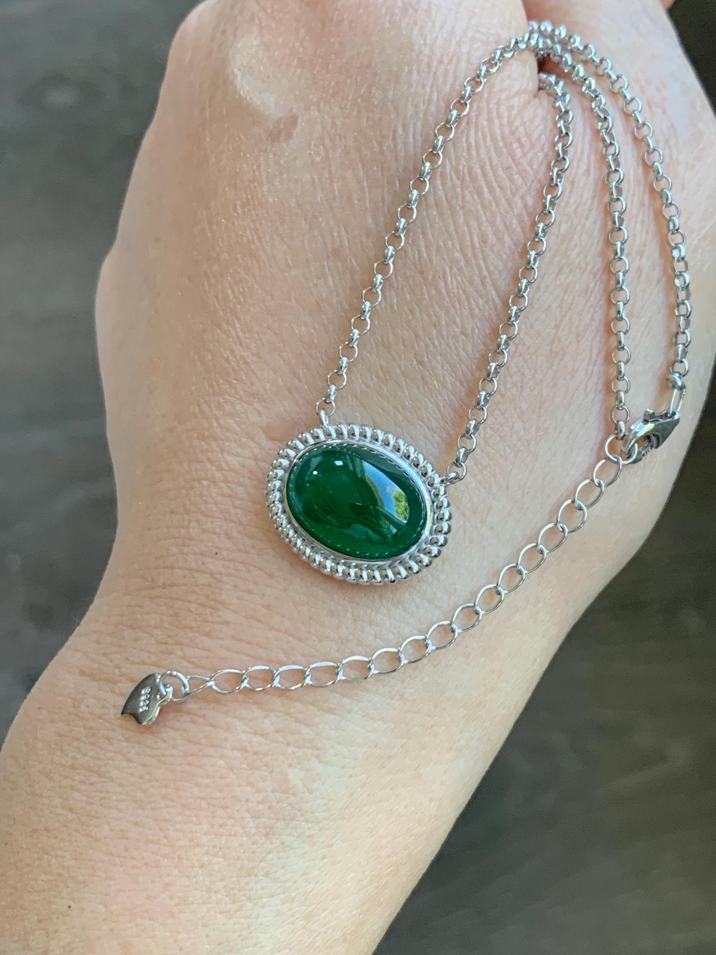 Certified Natural Grade A Guatemalan Icy Translucent Deep Green Jade Jadeite Solitaire Pendant Necklace Sterling Silver 天然冰危深绿翡翠大蛋面锁骨链 170
