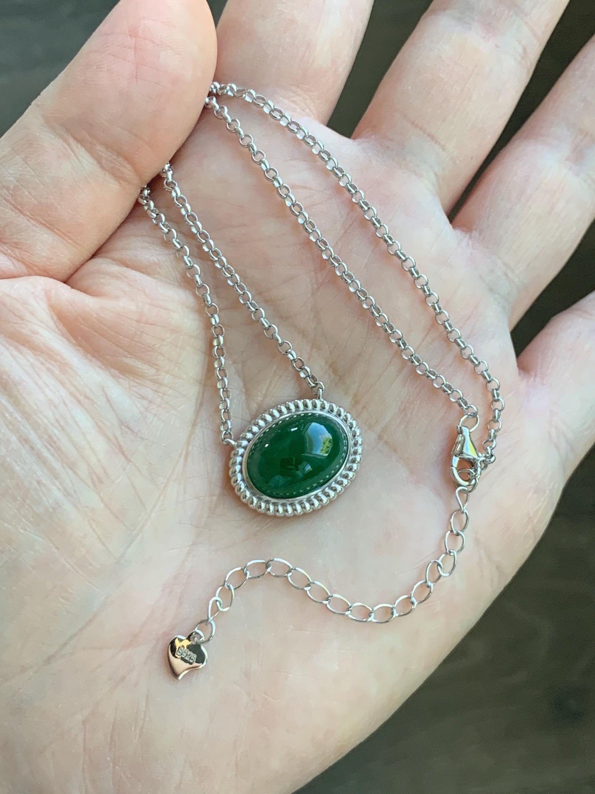 Certified Natural Grade A Guatemalan Icy Translucent Deep Green Jade Jadeite Solitaire Pendant Necklace Sterling Silver 天然冰危深绿翡翠大蛋面锁骨链 170