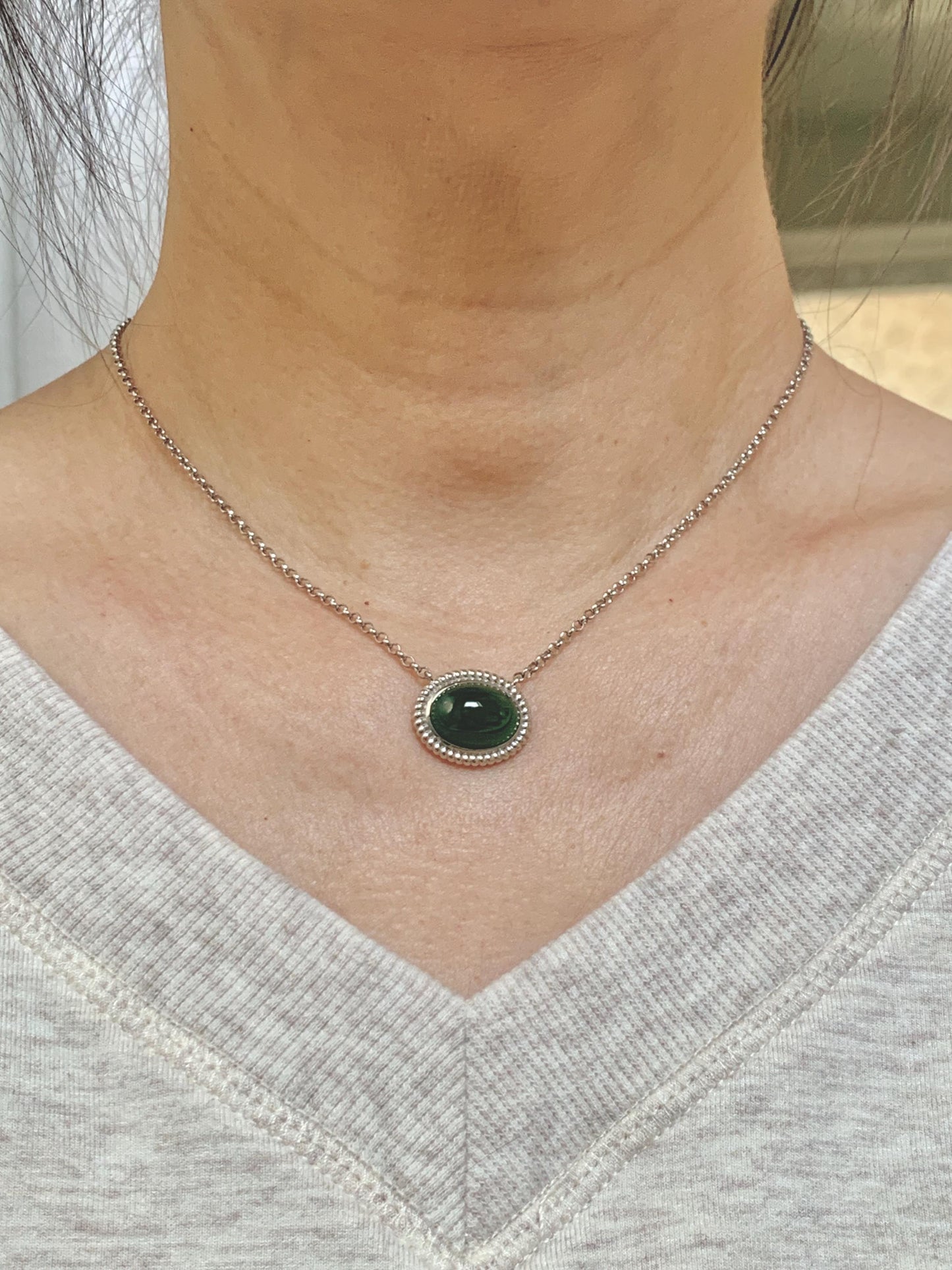 Certified Natural Grade A Guatemalan Icy Translucent Deep Green Jade Jadeite Solitaire Pendant Necklace Sterling Silver 天然冰危深绿翡翠大蛋面锁骨链 170