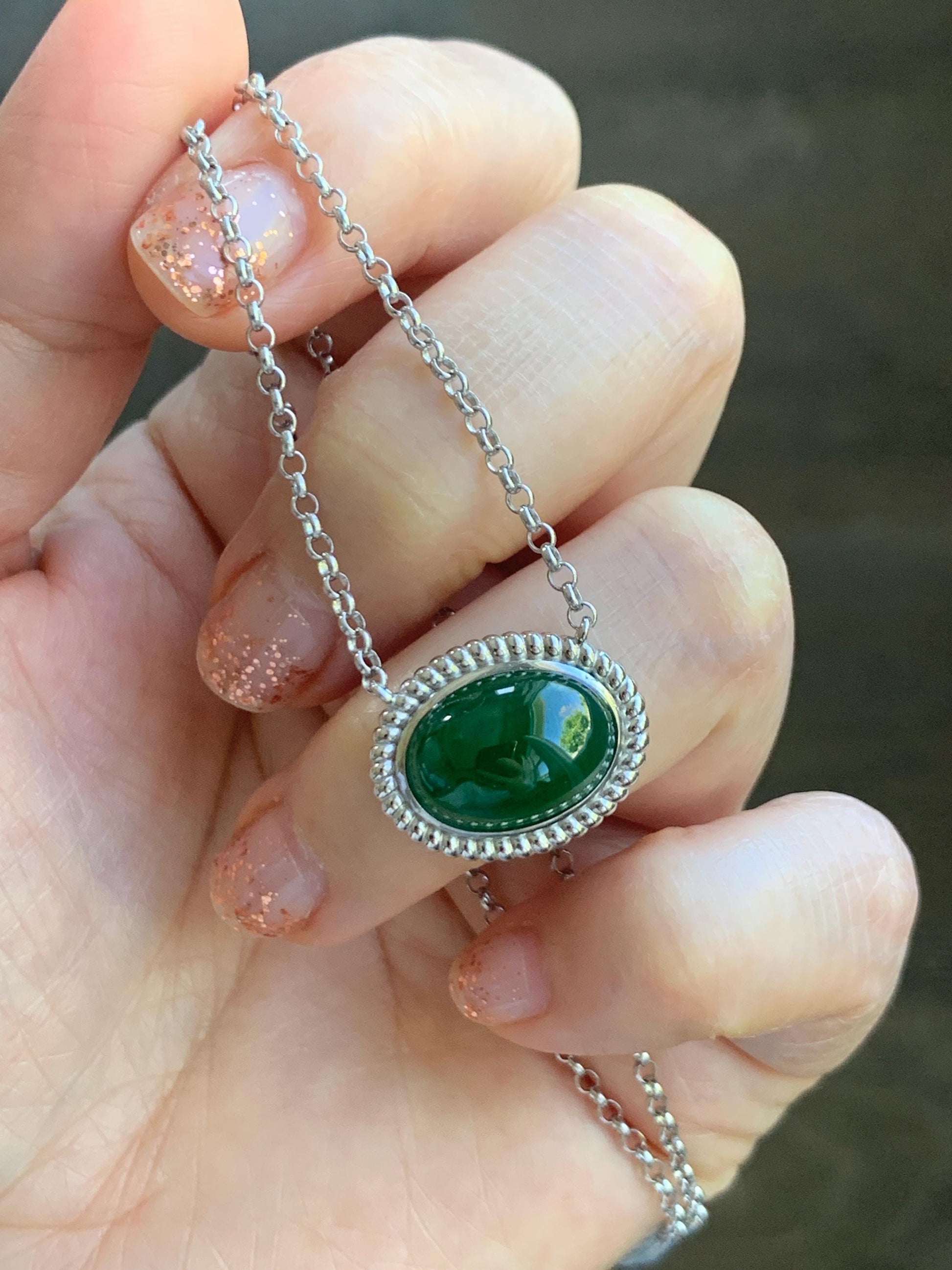 Certified Natural Grade A Guatemalan Icy Translucent Deep Green Jade Jadeite Solitaire Pendant Necklace Sterling Silver 天然冰危深绿翡翠大蛋面锁骨链 170