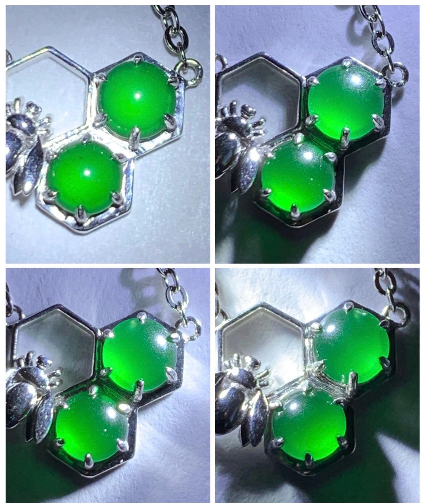 Certified Natural Grade A Guatemalan Icy Translucent Vibrant Green Jadeite Honeycomb Necklace Sterling Silver Adjustable 天然冰危绿翡翠蜂巢镶嵌项链 487