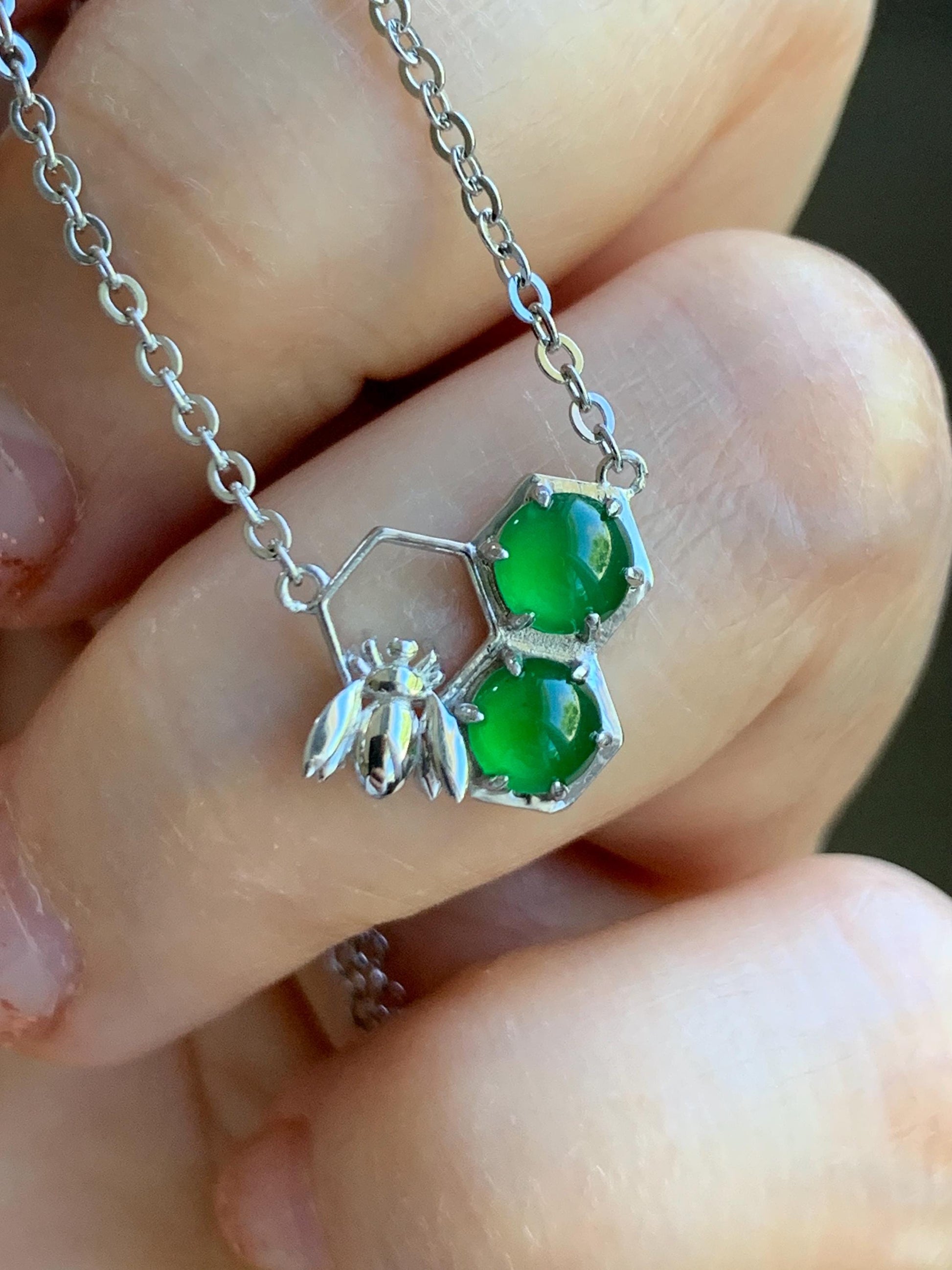 Certified Natural Grade A Guatemalan Icy Translucent Vibrant Green Jadeite Honeycomb Necklace Sterling Silver Adjustable 天然冰危绿翡翠蜂巢镶嵌项链 487