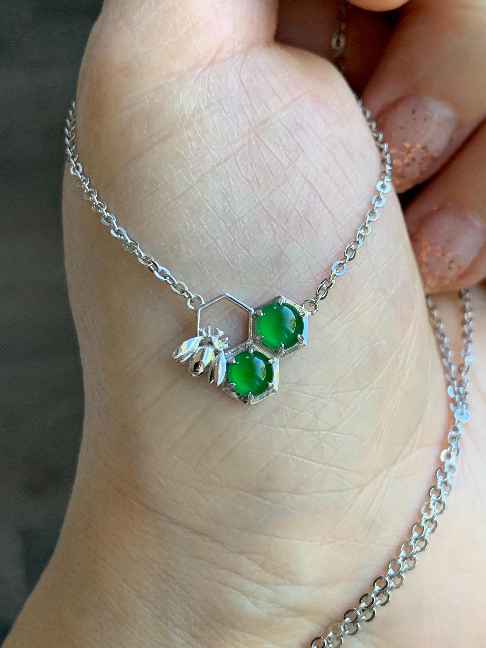 Certified Natural Grade A Guatemalan Icy Translucent Vibrant Green Jadeite Honeycomb Necklace Sterling Silver Adjustable 天然冰危绿翡翠蜂巢镶嵌项链 487
