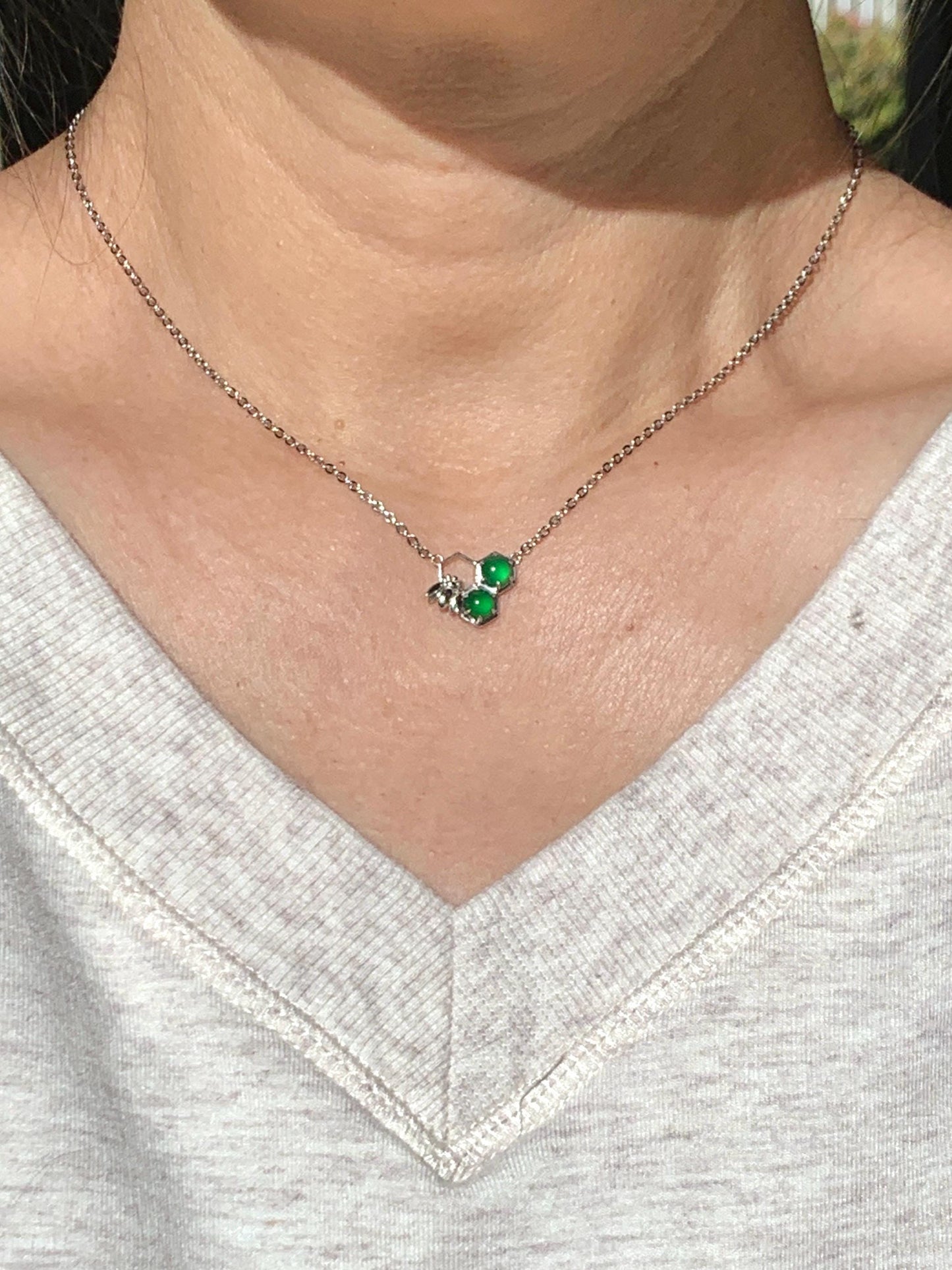 Certified Natural Grade A Guatemalan Icy Translucent Vibrant Green Jadeite Honeycomb Necklace Sterling Silver Adjustable 天然冰危绿翡翠蜂巢镶嵌项链 487