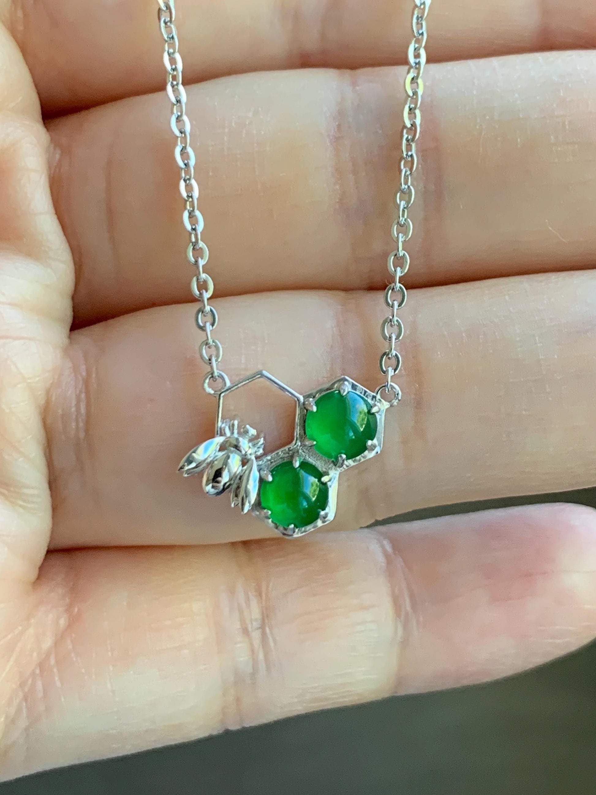 Certified Natural Grade A Guatemalan Icy Translucent Vibrant Green Jadeite Honeycomb Necklace Sterling Silver Adjustable 天然冰危绿翡翠蜂巢镶嵌项链 487