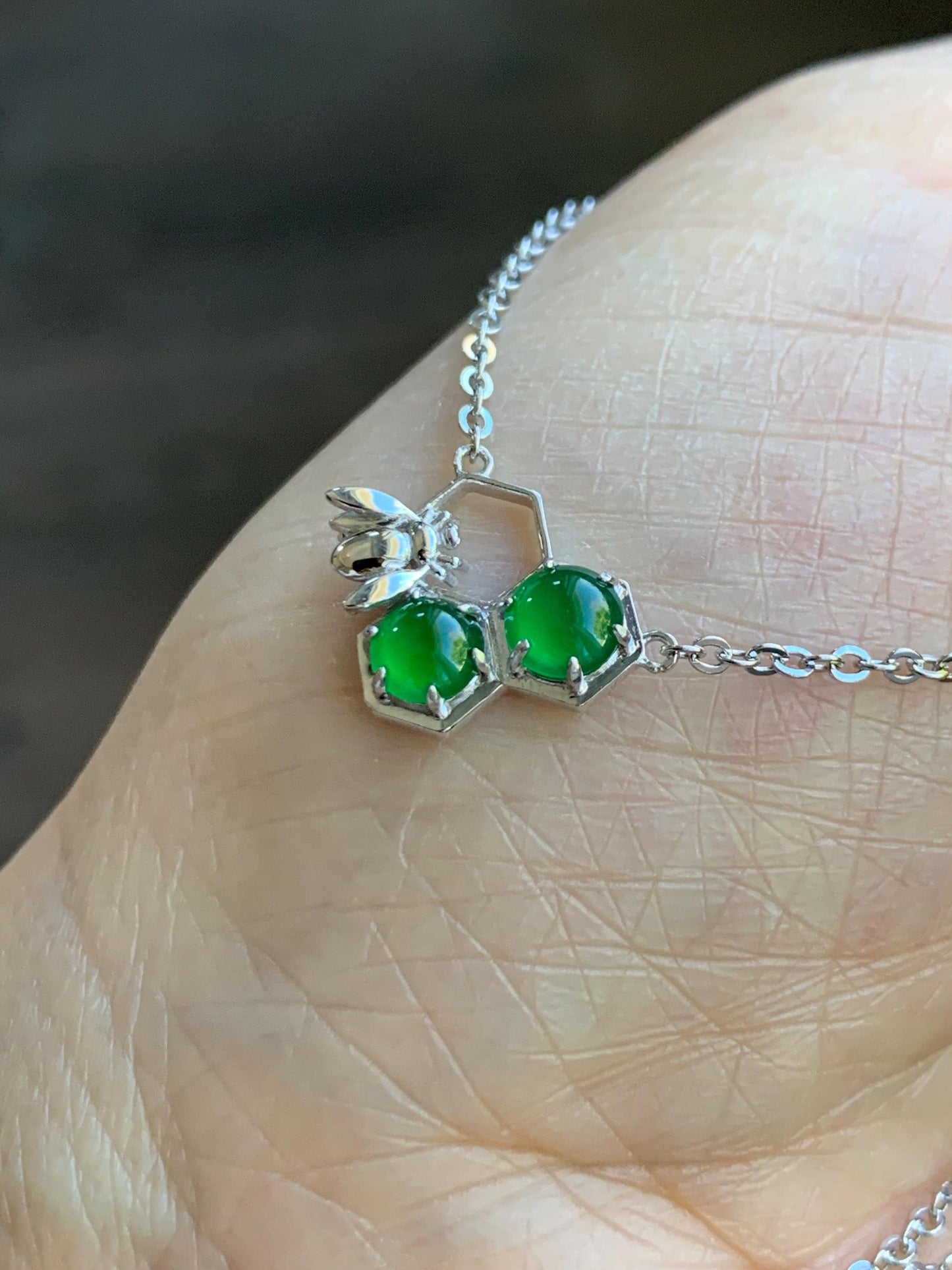 Certified Natural Grade A Guatemalan Icy Translucent Vibrant Green Jadeite Honeycomb Necklace Sterling Silver Adjustable 天然冰危绿翡翠蜂巢镶嵌项链 487