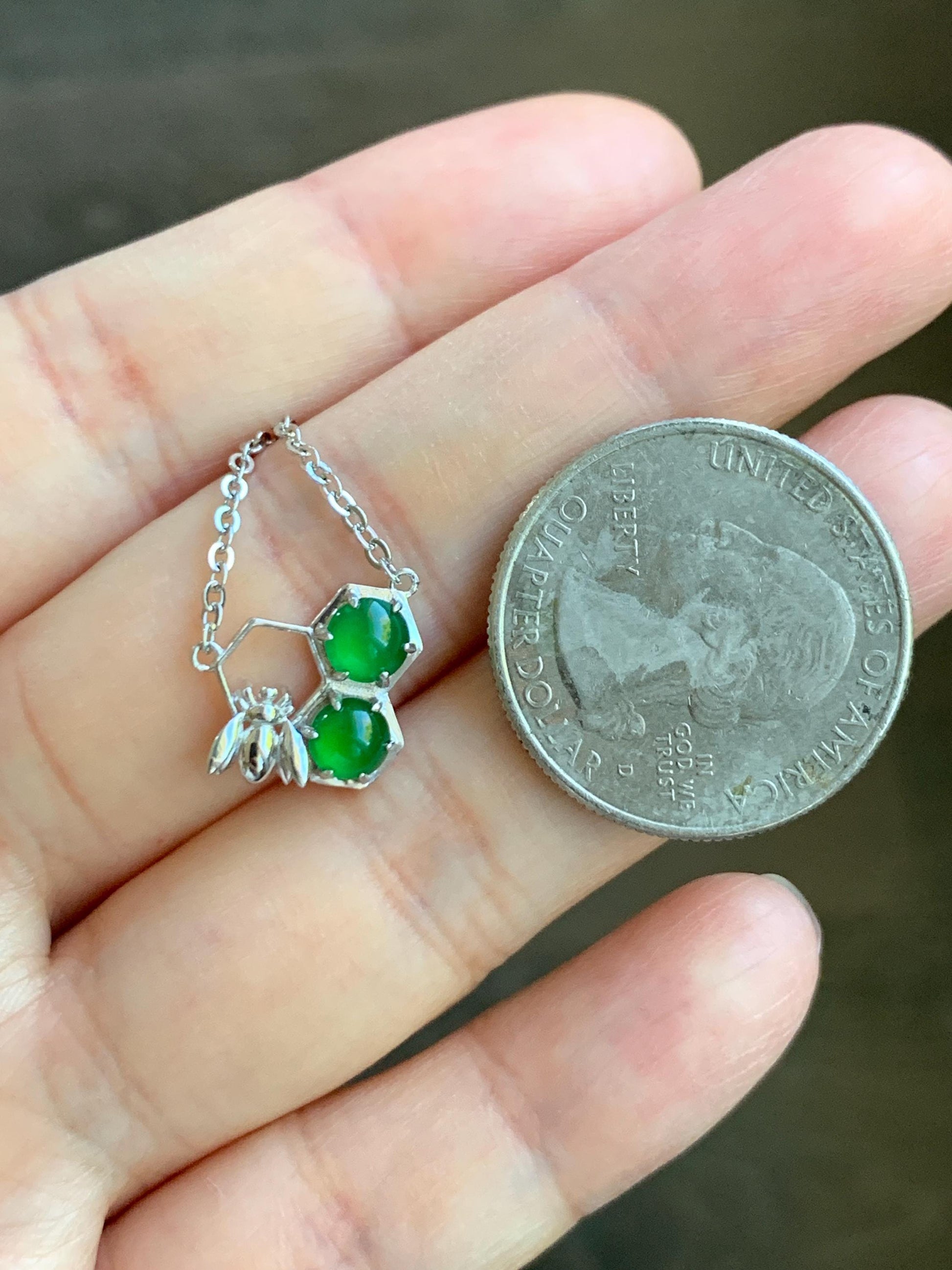Certified Natural Grade A Guatemalan Icy Translucent Vibrant Green Jadeite Honeycomb Necklace Sterling Silver Adjustable 天然冰危绿翡翠蜂巢镶嵌项链 487