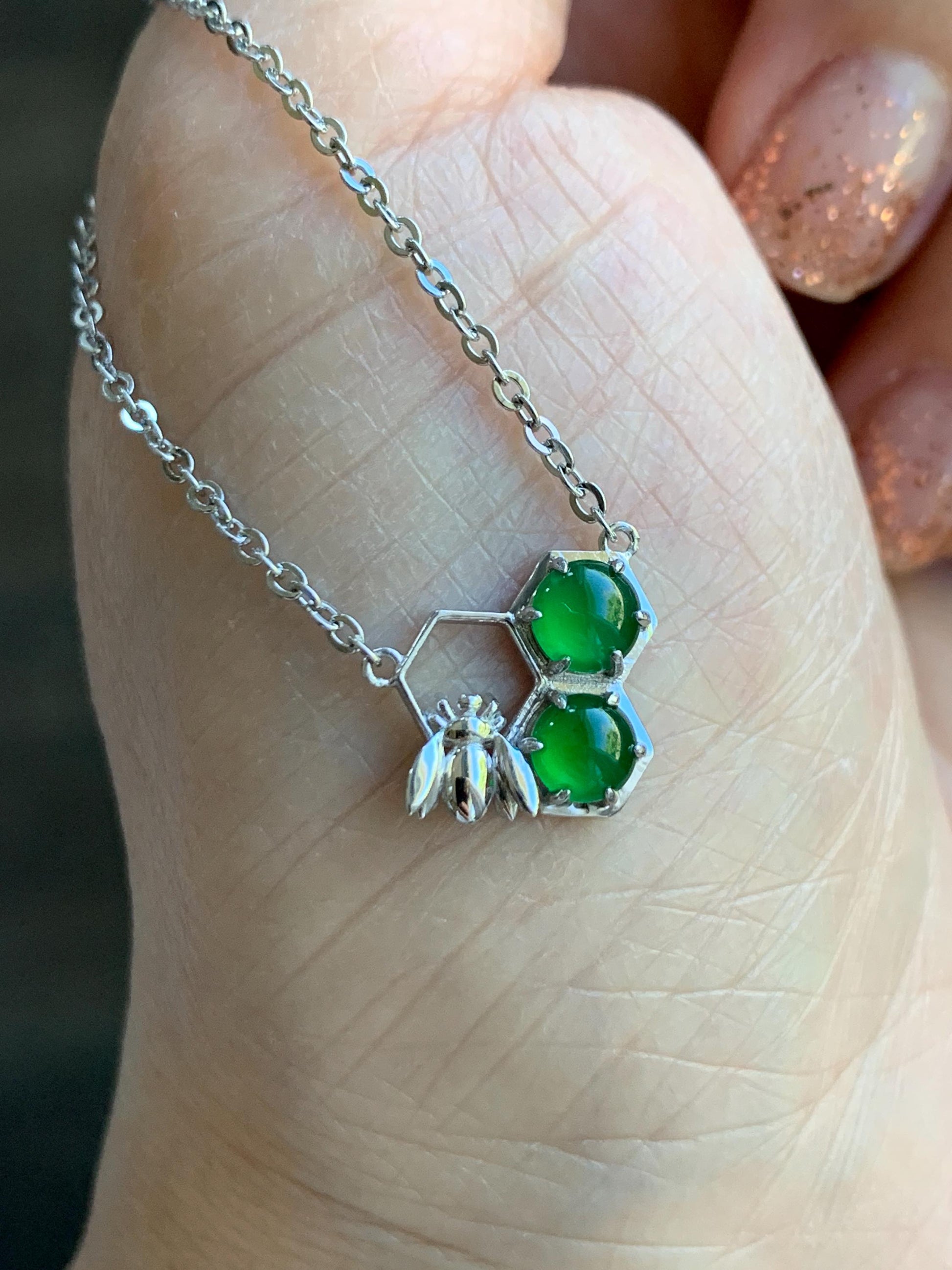 Certified Natural Grade A Guatemalan Icy Translucent Vibrant Green Jadeite Honeycomb Necklace Sterling Silver Adjustable 天然冰危绿翡翠蜂巢镶嵌项链 487