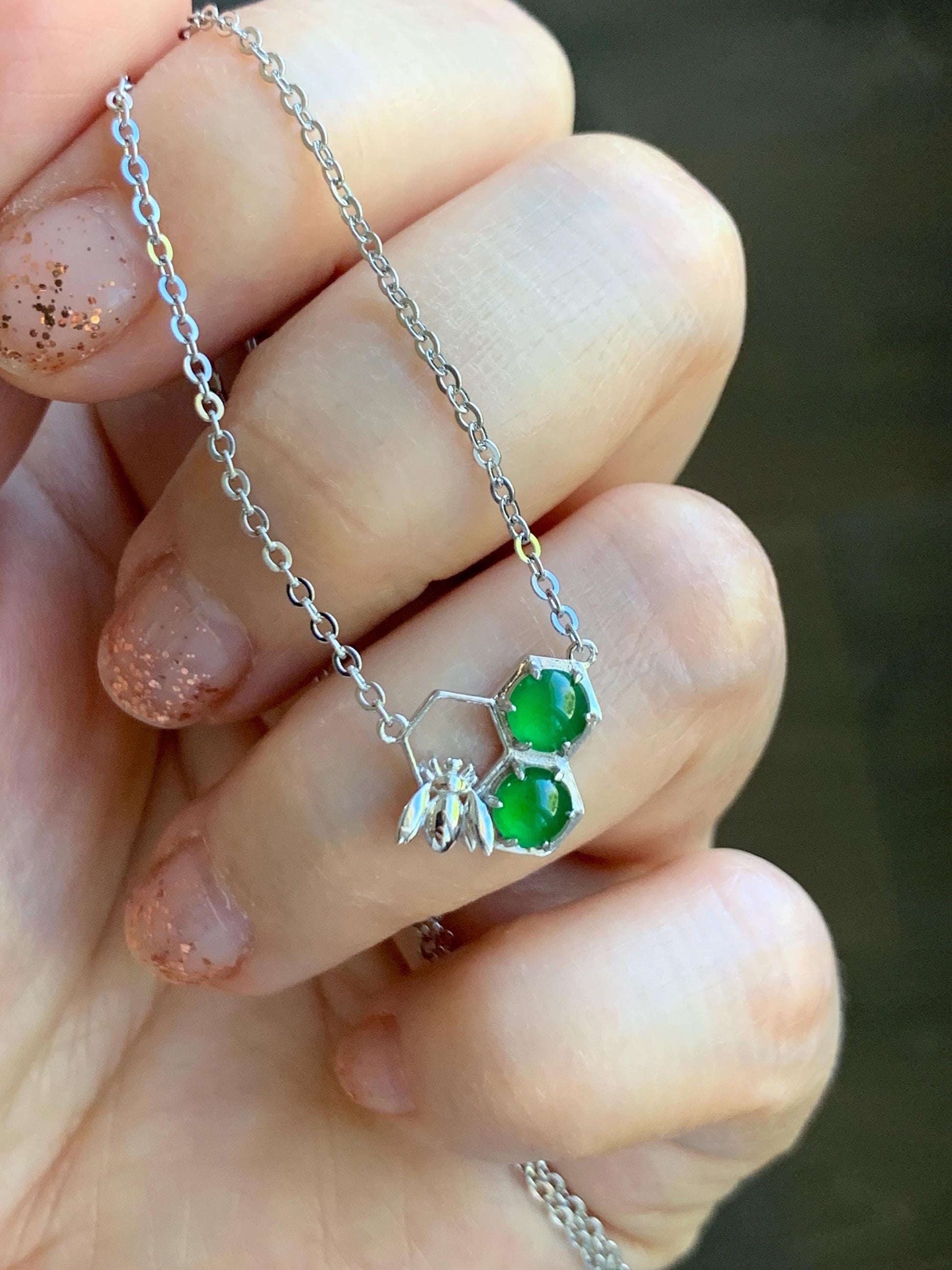 Certified Natural Grade A Guatemalan Icy Translucent Vibrant Green Jadeite Honeycomb Necklace Sterling Silver Adjustable 天然冰危绿翡翠蜂巢镶嵌项链 487
