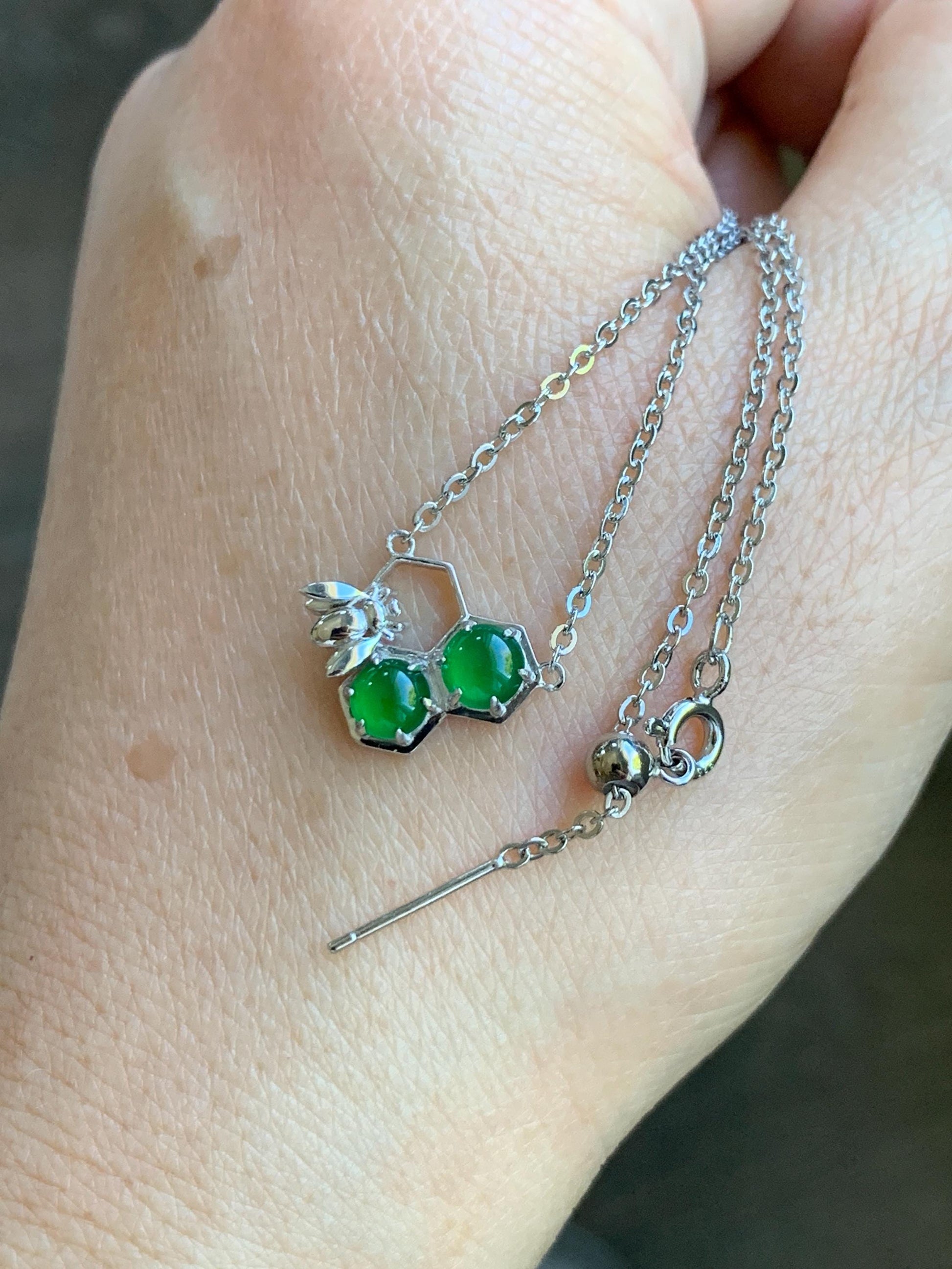 Certified Natural Grade A Guatemalan Icy Translucent Vibrant Green Jadeite Honeycomb Necklace Sterling Silver Adjustable 天然冰危绿翡翠蜂巢镶嵌项链 487