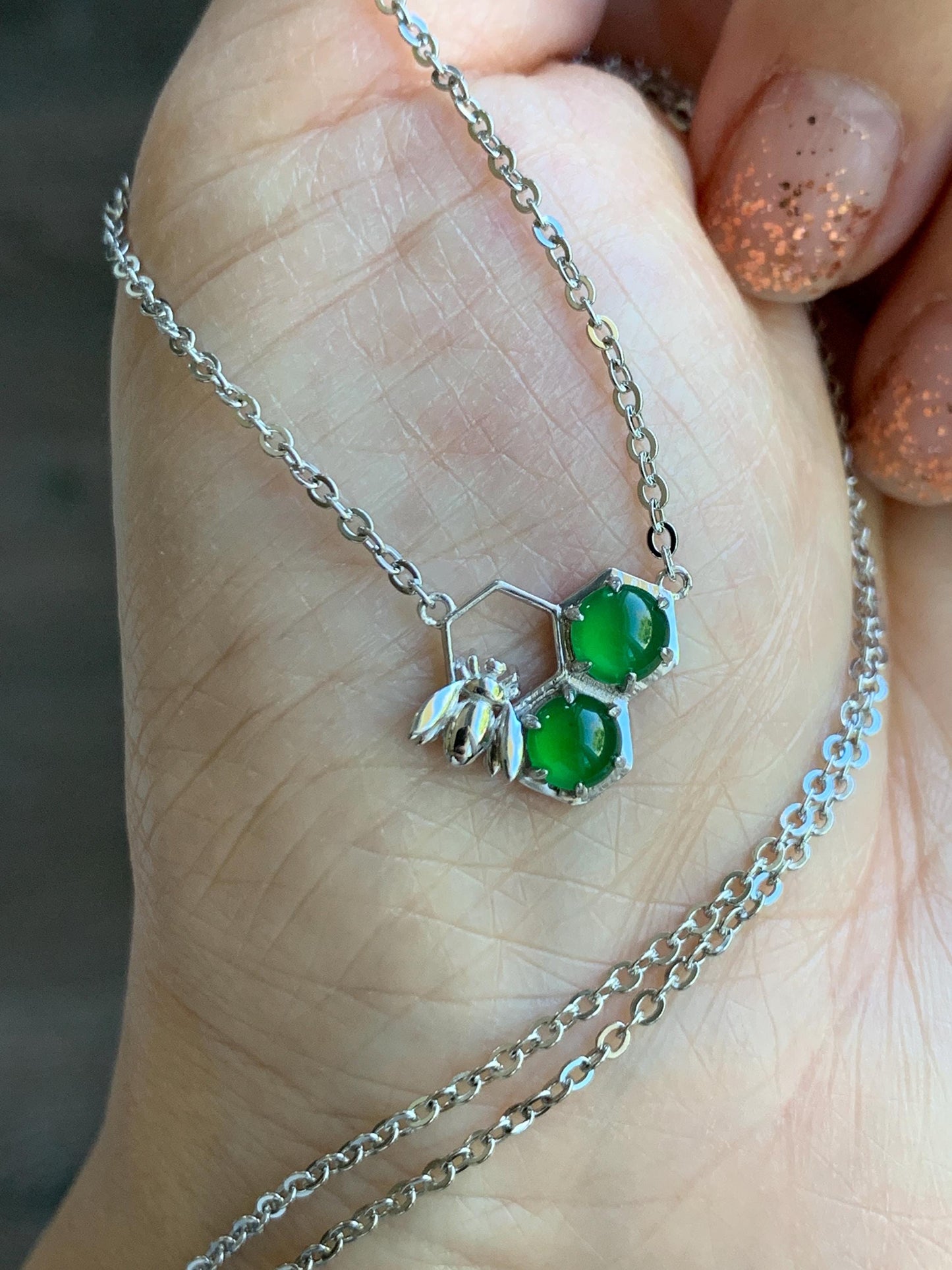 Certified Natural Grade A Guatemalan Icy Translucent Vibrant Green Jadeite Honeycomb Necklace Sterling Silver Adjustable 天然冰危绿翡翠蜂巢镶嵌项链 487