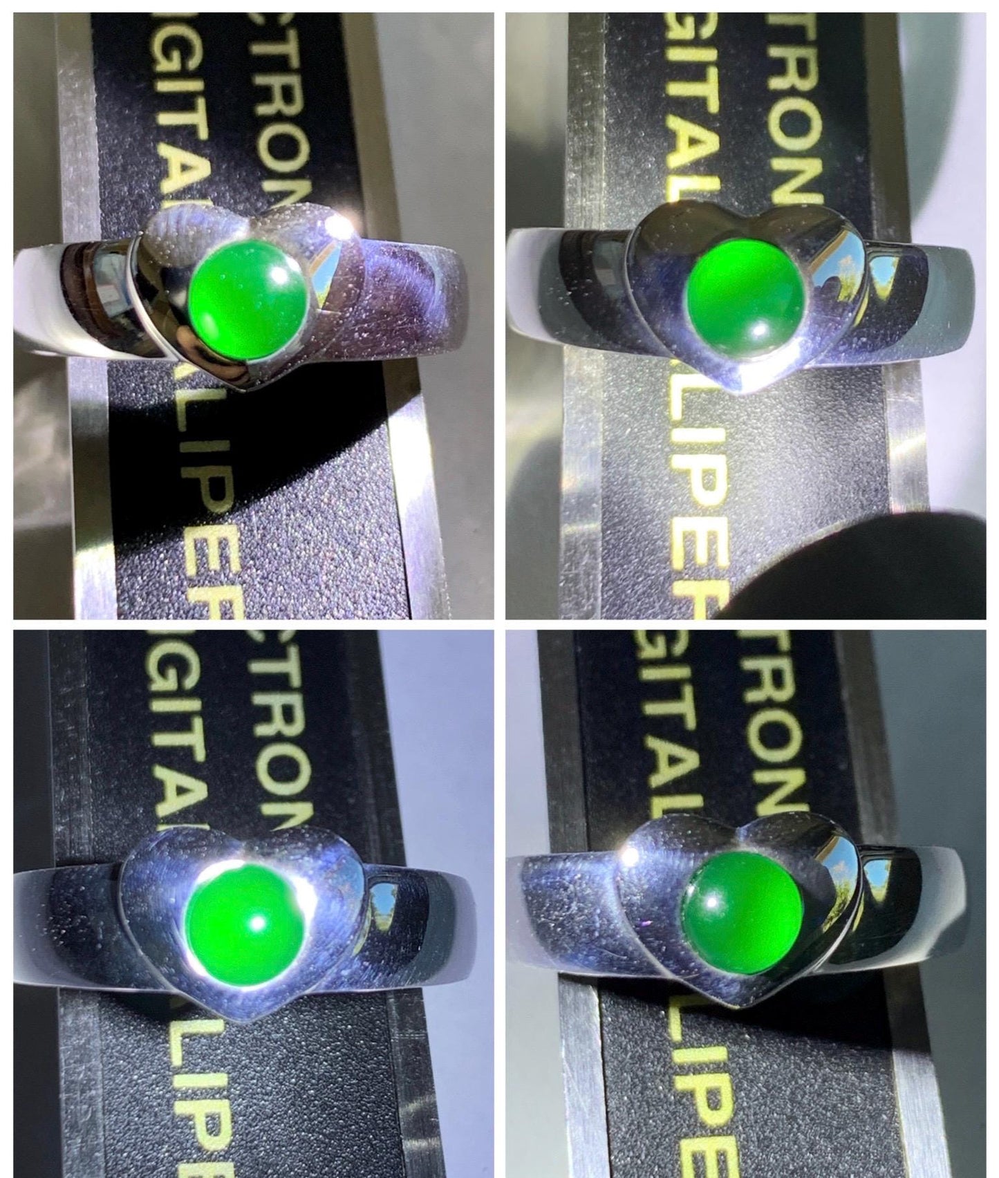 Certified Natural Grade A Guatemalan Icy Translucent Vibrant Green Jade Jadeite Heart Ring Sterling Silver Size 7.25 US 天然冰危绿翡翠爱心银镶戒指 489