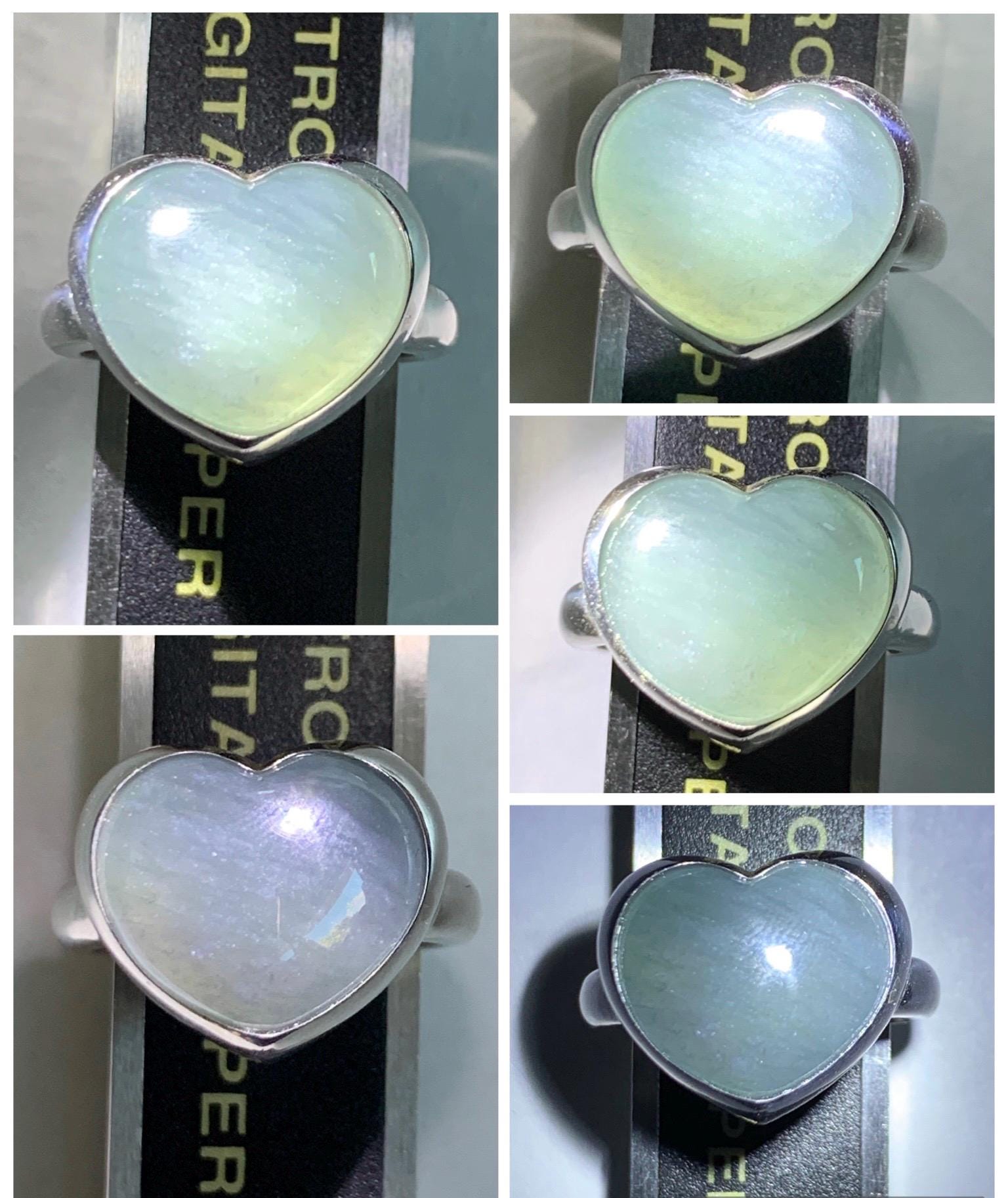Certified Natural Grade A Guatemalan Icy Translucent Dark Grayish Blue Jade Jadeite Heart Ring Sterling Silver Size 7.25 天然冰危暗蓝翡翠爱心银镶戒指 179